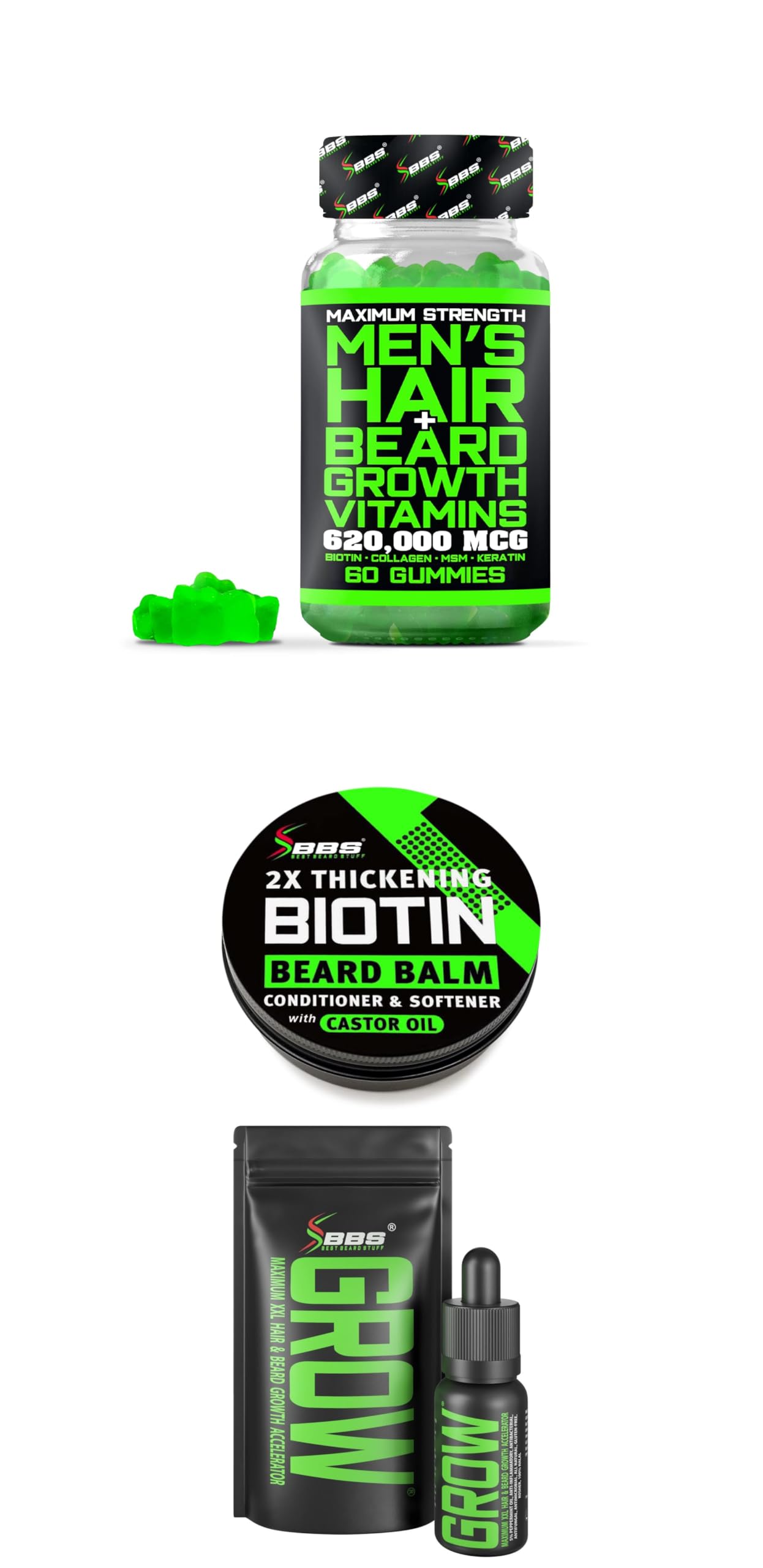 Beard Growth Kit w/ 2X Thickening Biotin Beard Balm for Men & Mustache Wax + Grow Mustache Serum & Facial Hair Oil + 14-in-1 Biotin Gummies & Hair Growth Vitamins for Men - Formulated in America