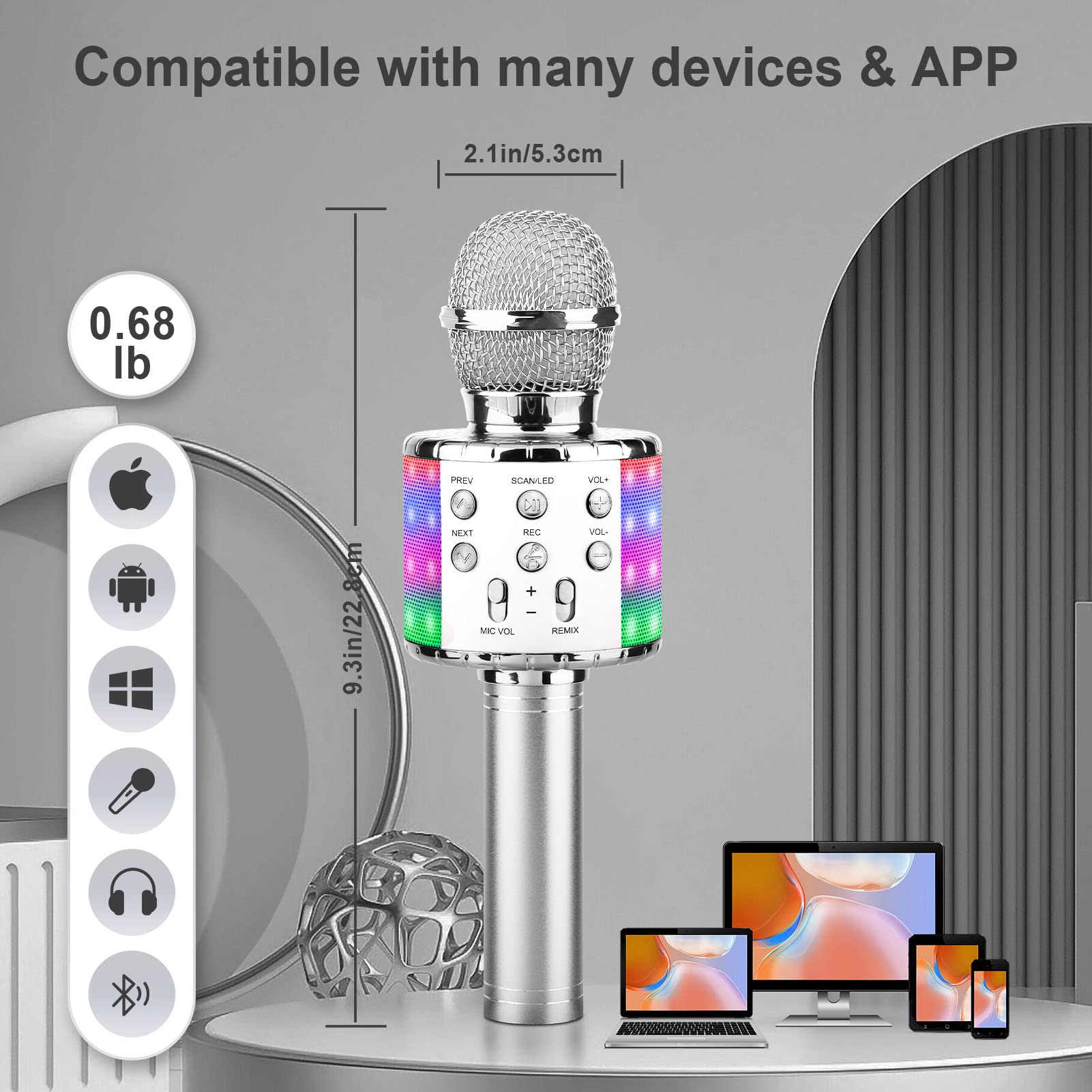 ShinePick Microfono Inalámbrico Karaoke, Micrófono Karaoke Bluetooth Portátil con Altavoz y LED para Niños Canta Partido Musica, Compatible con Android/iOS PC, AUX o Teléfono Inteligente (Plateado)