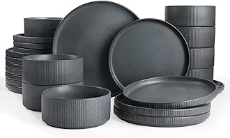 famiware Star Plates and Bowls Sets, Modern Stoneware Dinnerware Sets for 8, 24-Piece Kitchen Dish Set - Microwave and Dishwasher Safe, Chip and Scratch Resistant, Matte Dark Charcoal