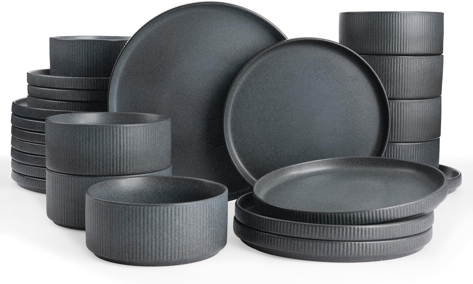 Star Plates and Bowls Sets, Modern Stoneware Dinnerware Sets for 8, 24-Piece Kitchen Dish Set - Microwave and Dishwasher Safe, Chip and Scratch Resistant, Matte Dark Charcoal