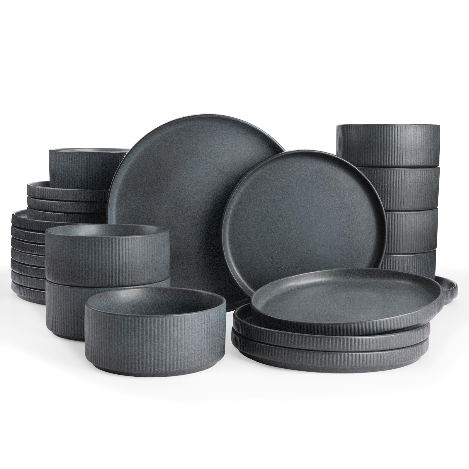 famiware Star Plates and Bowls Sets, Modern Stoneware Dinnerware Sets for 8, 24-Piece Kitchen Dish Set - Microwave and Dishwasher Safe, Chip and Scratch Resistant, Matte Dark Charcoal