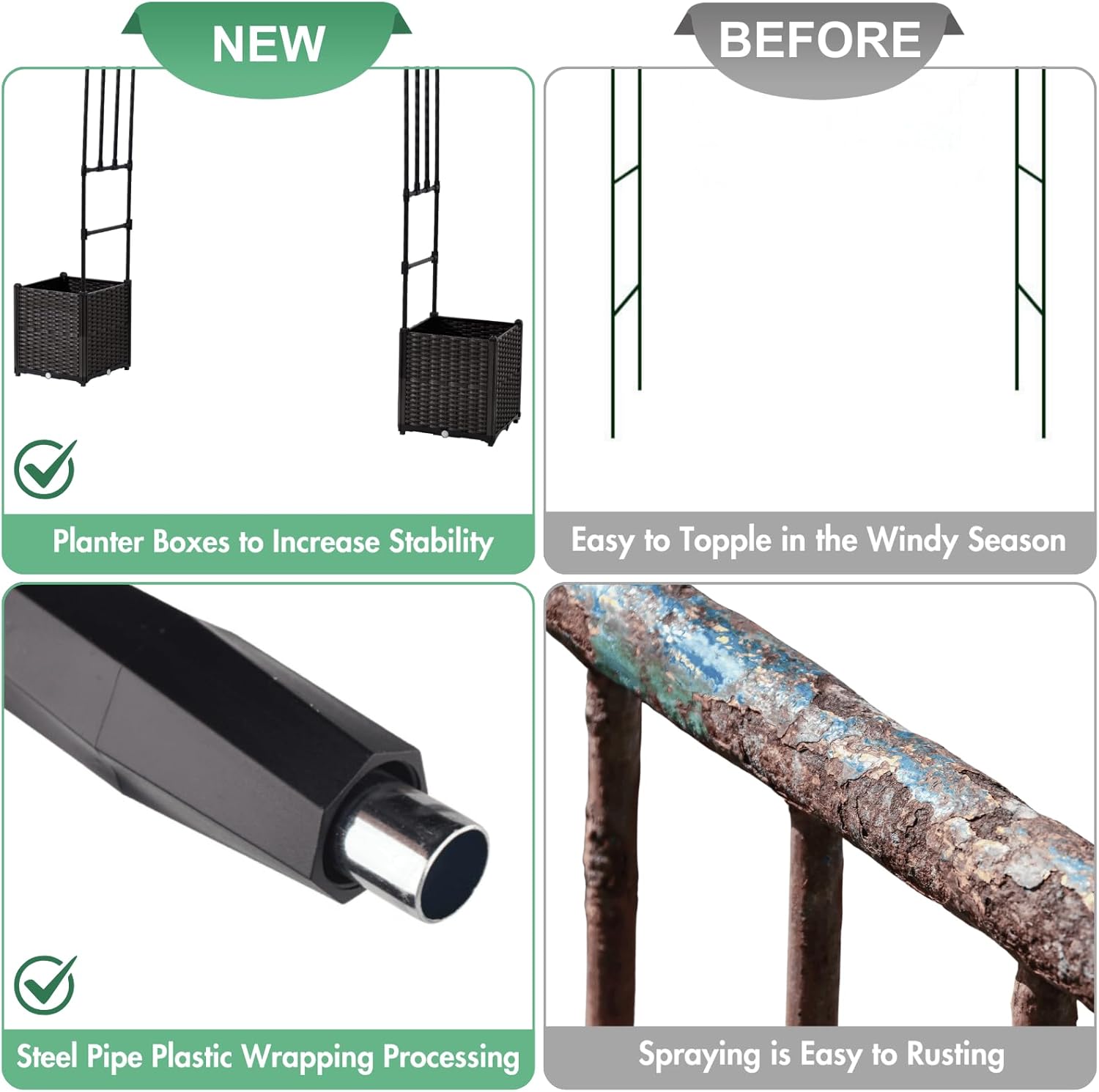 Garden Arch Trellis for Climbing Plants Outdoor with 2 Set Planter Box, Stainless Steel Black PE Coated Pipe Trellis for Garden Decor Dark Grey, Length:78.8in * Height:90in