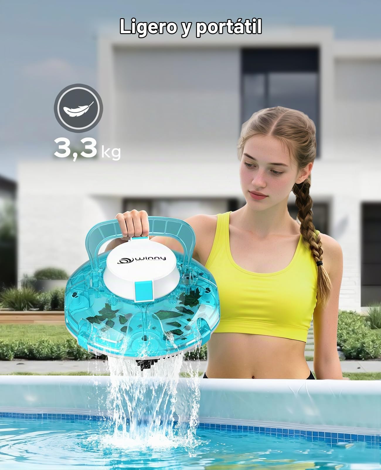 WINNY POOL CLEANER Winny 200 – Robot Limpiafondos Inalámbrico, Doble Filtración, Estacionamiento Aut., 75 Min Autonomía, Piscinas Desmont. hasta 60 M², Compacto Y Ligero(Transparente Azul)