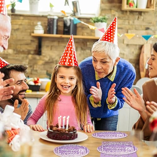 Miniatura 6 de Juhap Juego de vajilla de 80 piezas moradas para decoraciones de feliz cumpleaños, platos de postre, servilletas, tenedores para 20 invitados,