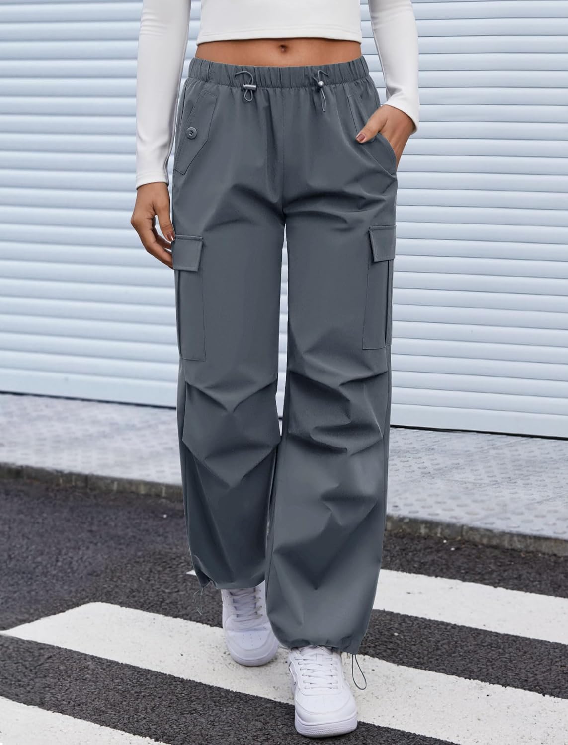 Cargo Pants Women Elastic Waisted Parachute Hiking Pants with Pockets Water-Resistant Lightweight Baggy Pants - Image 2