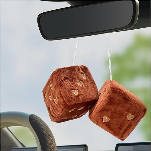 Miniatura 12 de 1 par de dados de felpa peludos para espejo de automóvil, dados retro cuadrados de 3 pulgadas con forma de corazón, dados retro de felpa para