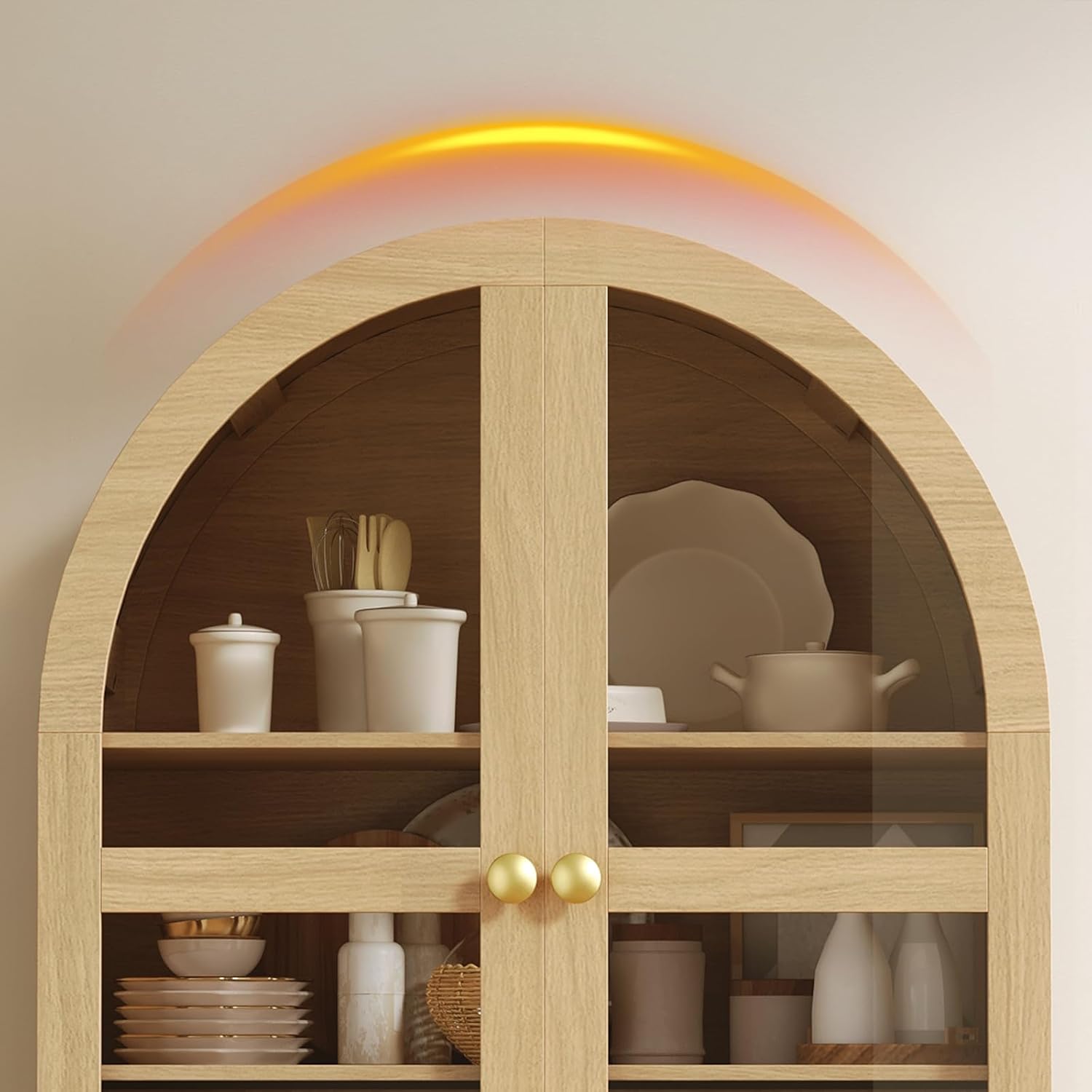 Detaljert view of the unique arched top design of the HOOBRO pantry cabinet.