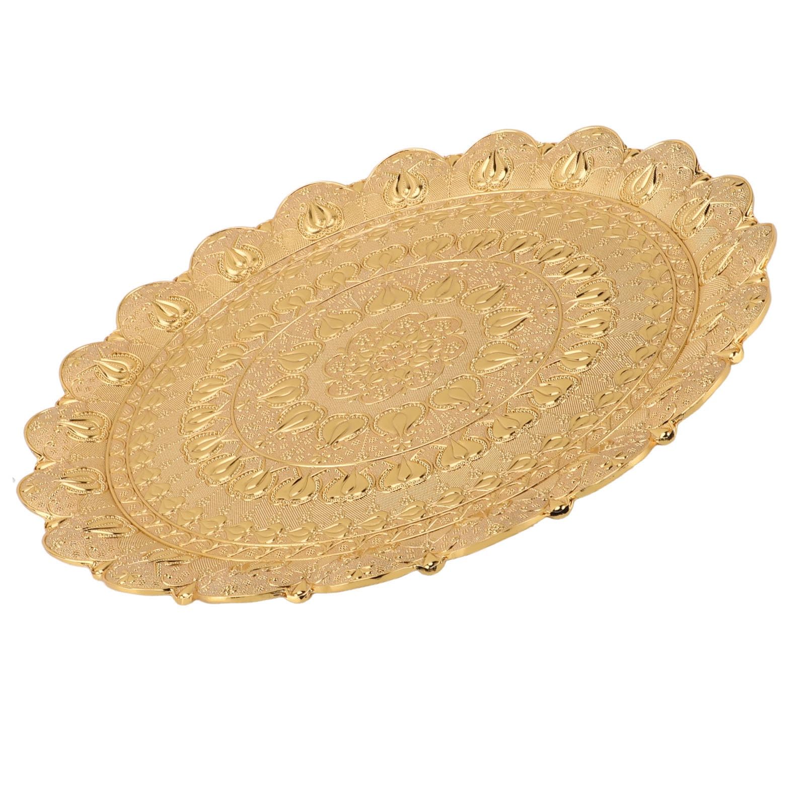 Vassoio da portata per tè e caffè turco, stile vintage, design in rilievo, piatto rotondo in metallo per uso domestico ed esterno, 35 cm (oro)