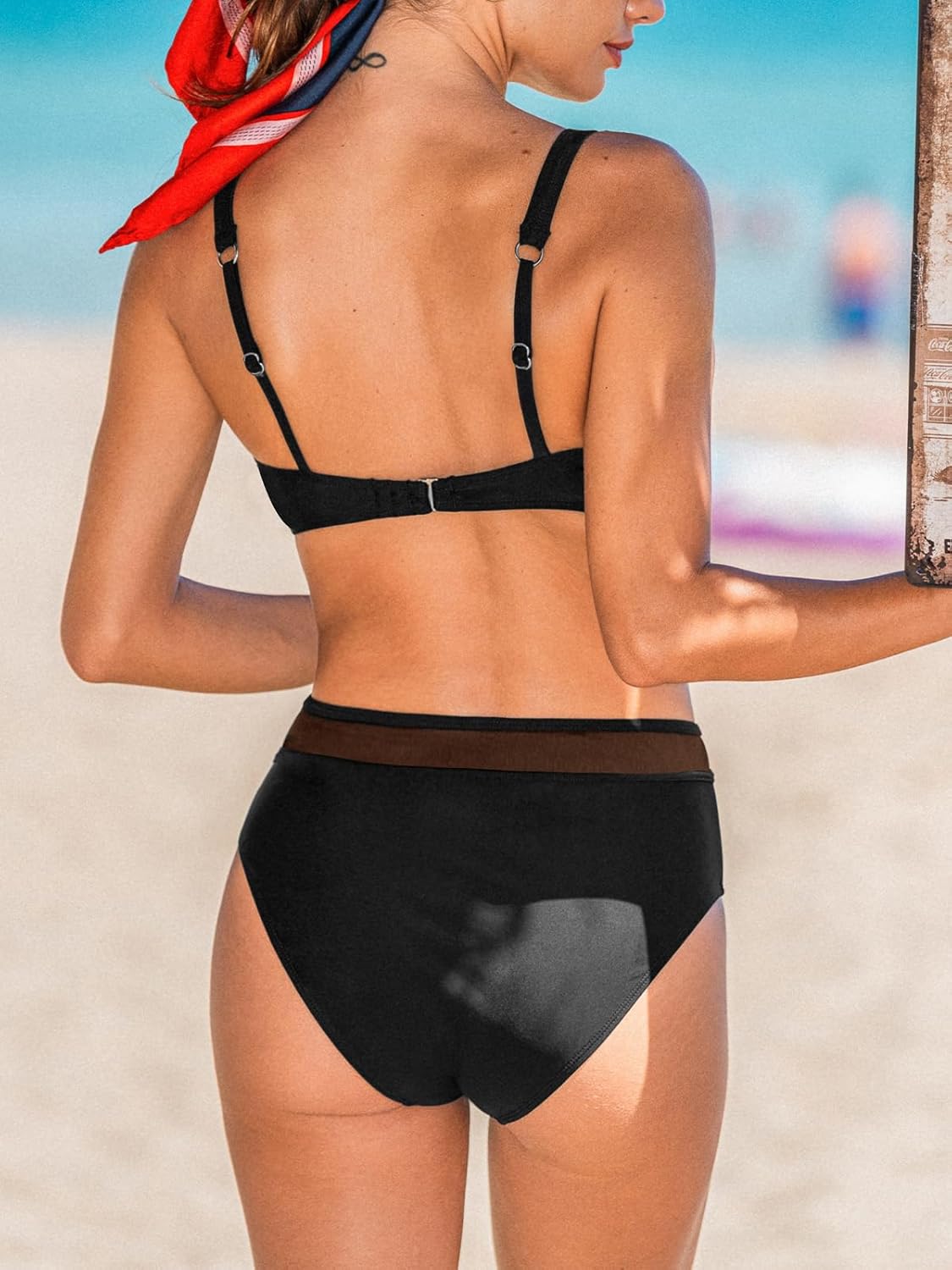 CUPSHE Women's Bikini Sets Two Piece Swimsuit V Neck High Waisted Bathing Suit Mesh Keyhole Adjustable Straps - Image 2