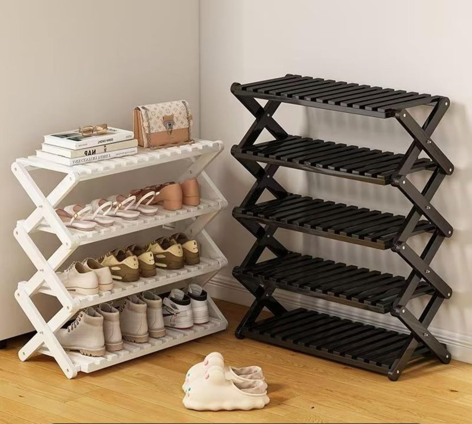 多層シューズラック 大容量 省スペース折りたたみ式 狭いスペースに最適 小型寮 設置不要 玄関用 家庭用 フロアスタンド型 (ブラッ