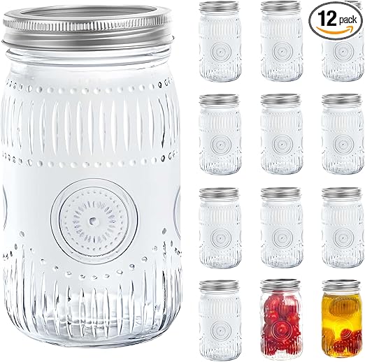 Amzcku 32oz Vintage Mason Jars with Lids, Wide Mouth Quart Canning Jar 12 Pack
