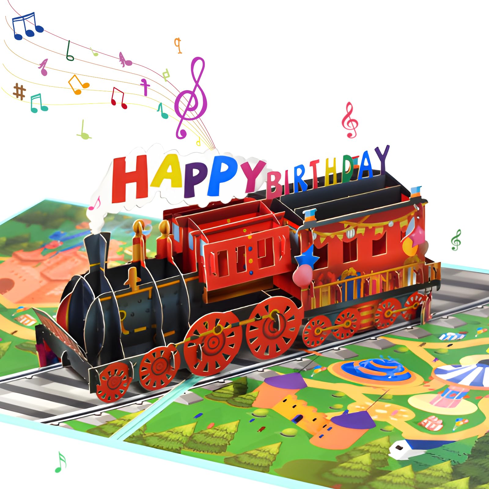 3Pcs Musical Train Birthday Cards Includes Envelope & Note Cards, 3D Pop-up Grandson Birthday Card with Music & Lights, Funny Train Gift for Son Daughter Boys Girls Nephews Nieces Kids Friends