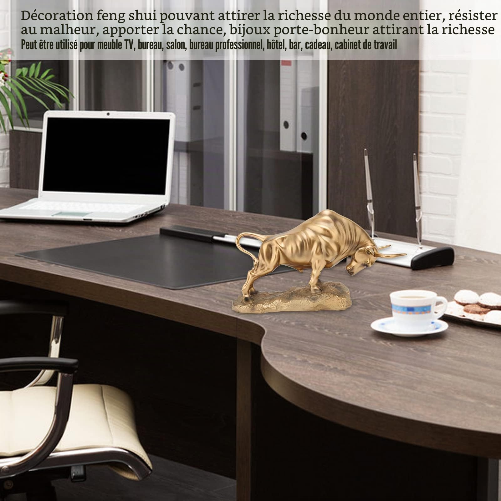 Taureau en résine, Sculpture Feng Shui, Figurine de bœuf pour la décoration de la Maison ou du Bureau – Attire la Richesse et la Chance – 37 x 13 x 22 cm