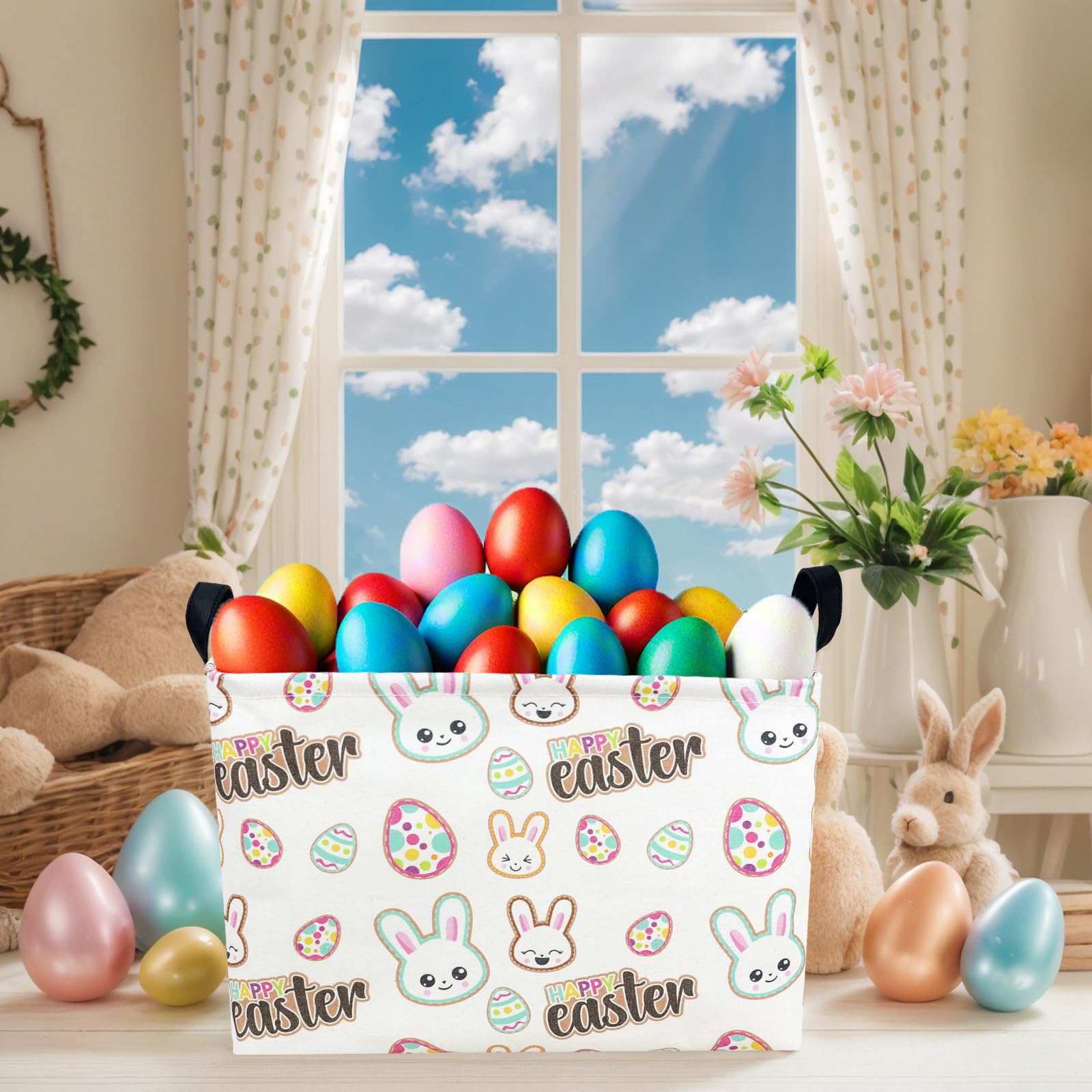 NIETEIN Kid Large Empty Easter Basket Personalized Fabric Bunny Easter Basket for Boy and Girl (Happy Rabbit Easter Egg)