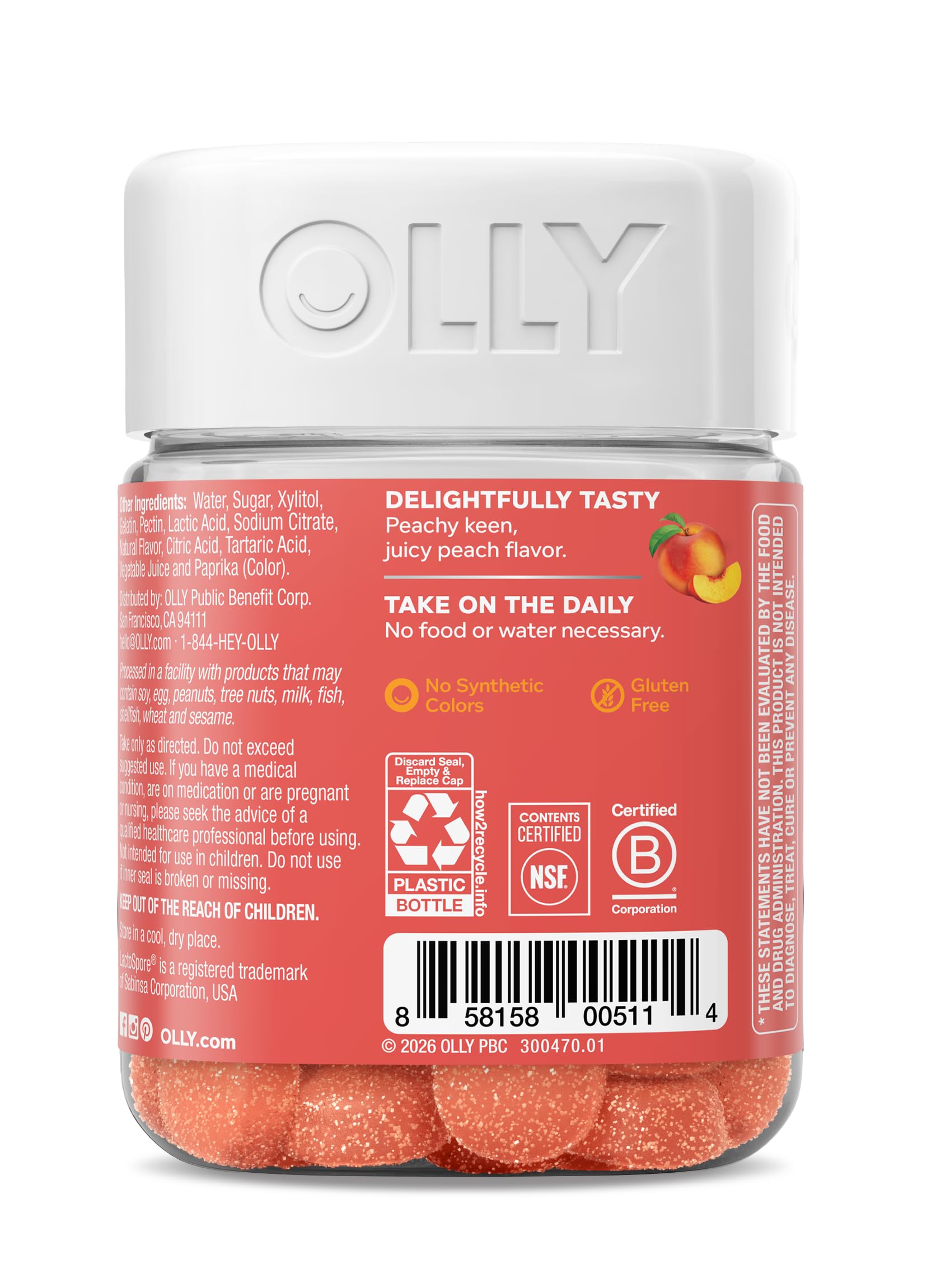 OLLY Probiotic + Prebiotic Gummy, 500 million CFUs, Peachy Peach - 30 Count — Amazon image 6