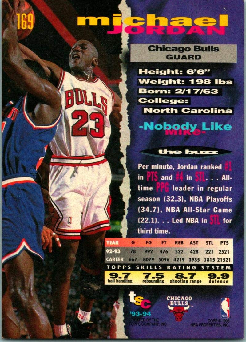 Amazon.com: 1993-94 TOPPS STADIUM CLUB #169 MICHAEL JORDAN CHICAGO