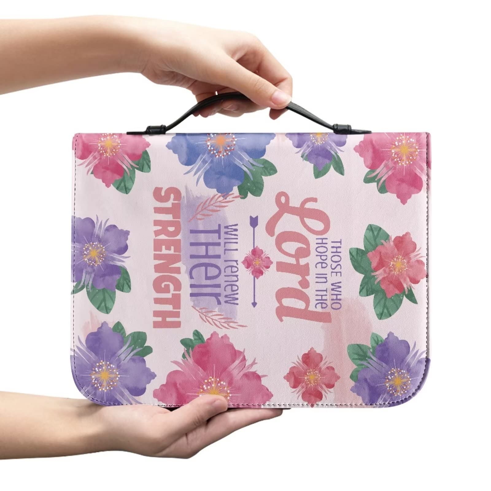 SEANATIVE Elegant Floral Bible Cover Case PU Leather Study Bible Organizer Lightweight Bible Protective Bag,Those Who Hope in The Lord Will Renew Their Strength Design