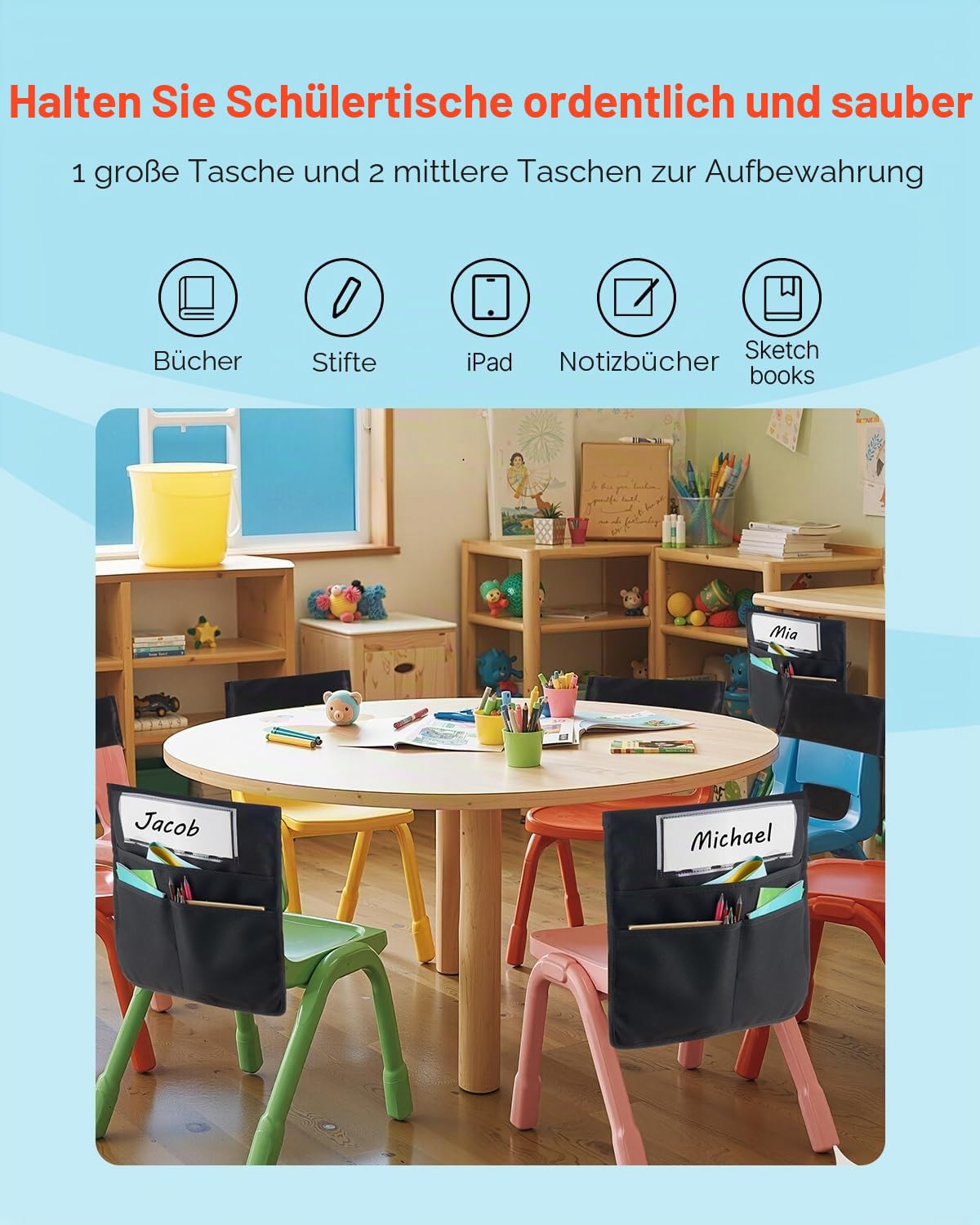 VEVOR Klassenzimmerstuhltasche, 24er-Pack, 36x38 cm, Rückenlehnentasche mit Namensschild, Stuhlrücken-Organizer für Kinder im Klassenzimmer, Kindergarten, in der Schule & zu Hause, Schwarz