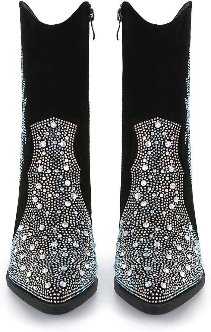 Black Cowboy Western Ankle Boots for Women Colorful Rhinestone Bling Pointed Toe Chunky Low Heel Soft Bootie with Zipper