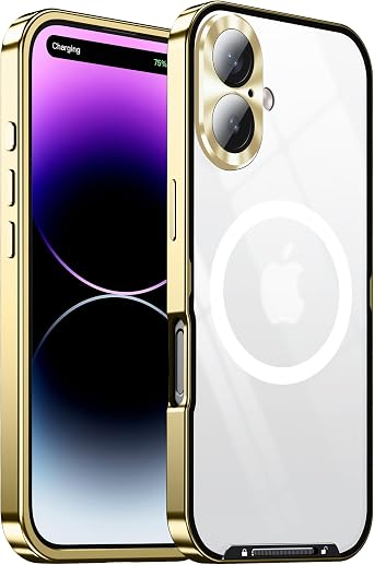 Metal Case for iPhone 16, [Magnetic Wirless Charging] [with Camera Lens Protection] [Military Drop Protection] Aluminum Alloy Frame Bumper Slim Thin Shockproof Protection Cover for iPhone 16 Gold