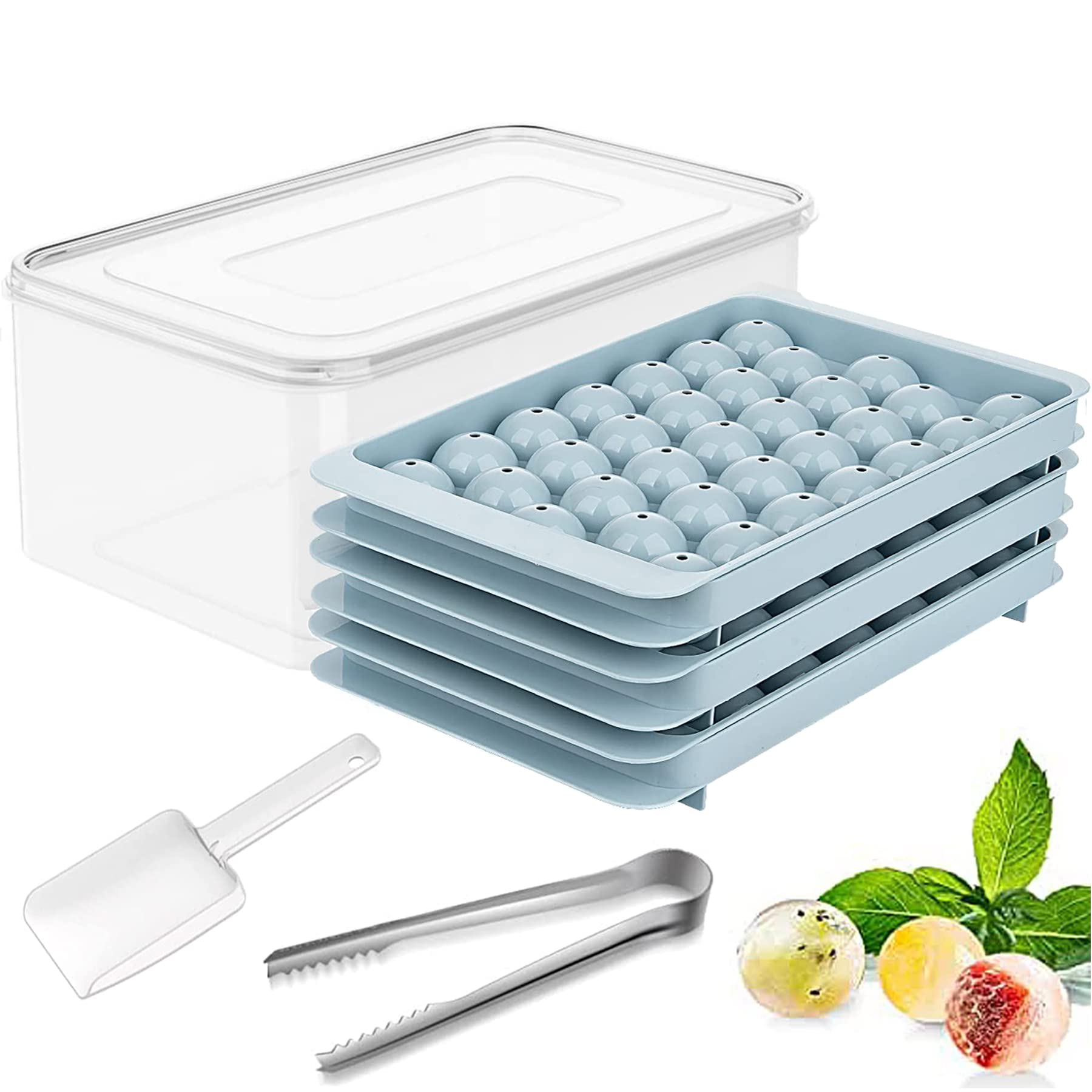 Round Ice Cube Tray,Circle Ice Trays for Freezer with Lid & Bin,Ball Ice Cube Tray Making 1.1in X 99PCS Sphere Ice Chilling Cocktail Whiskey Tea & Coffee(3 x Blue Ice trays,Ice Box,Ice Tong,Ice Scoop)