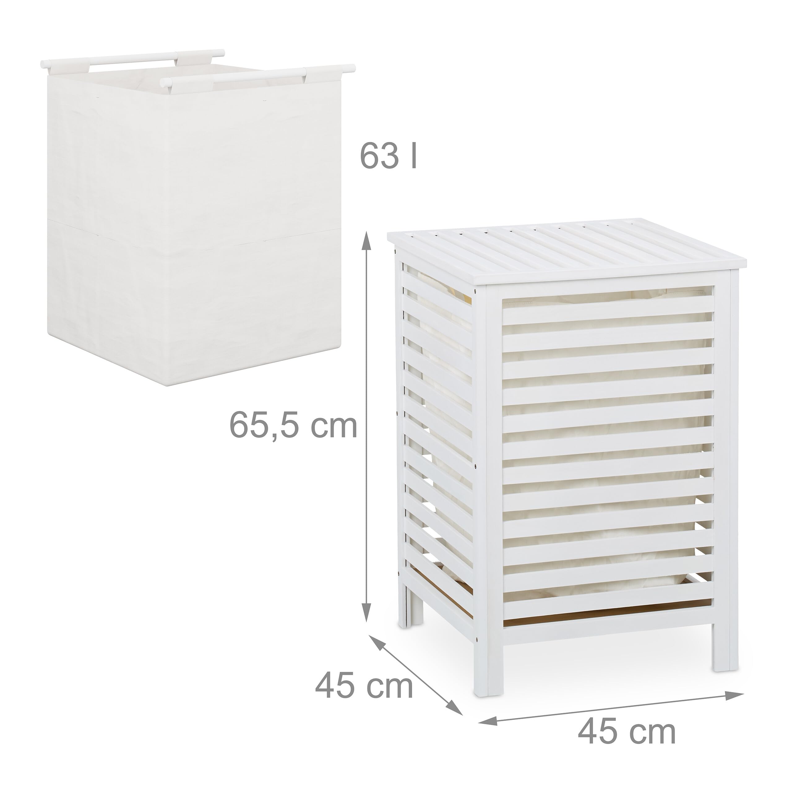 Relaxdays Cesto Ropa Sucia, Saco Interior Extraíble, 63 L, 65,5x45x45 cm, Arcón Colada con Tapa, Madera Nogal, Blanco