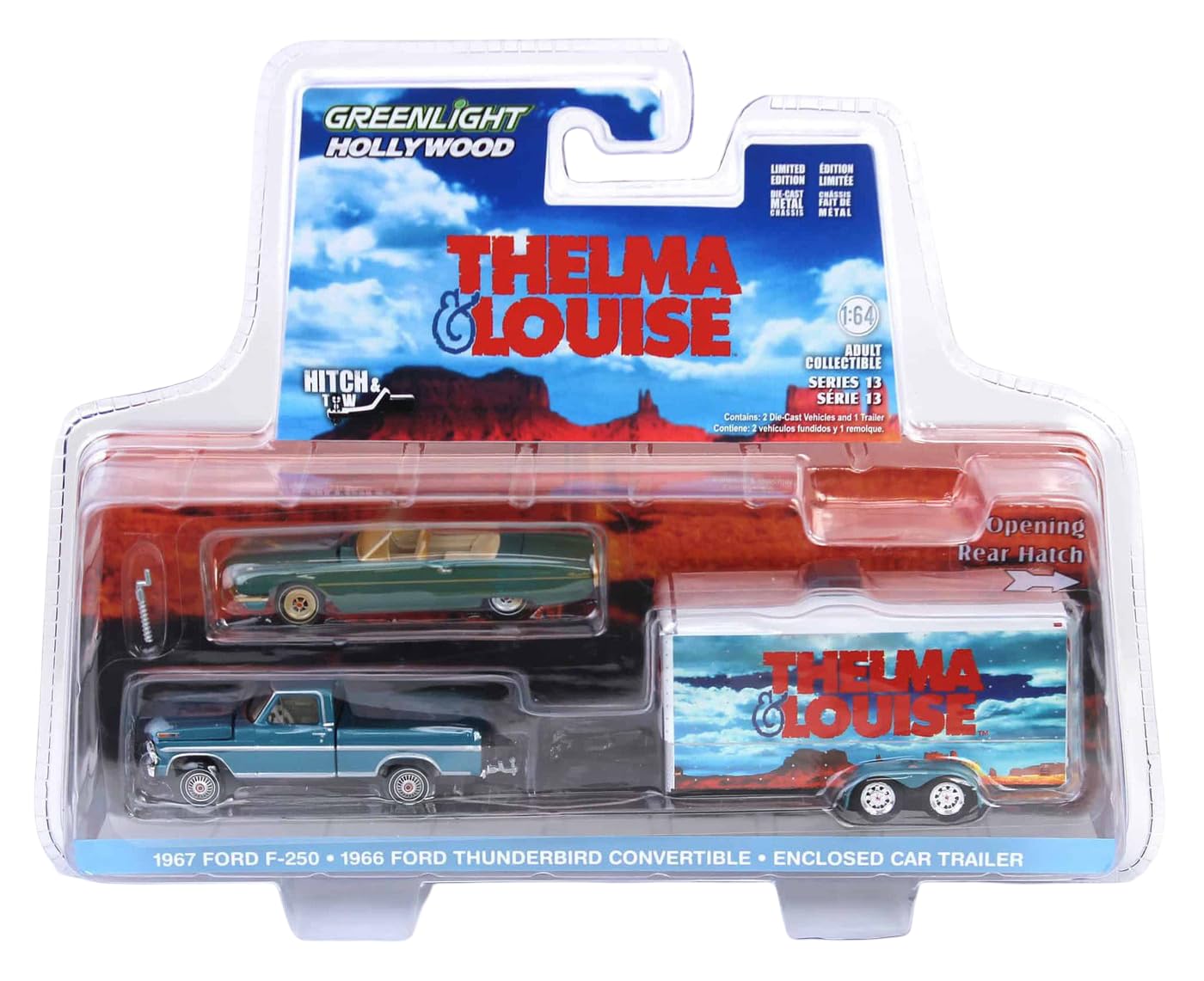 Greenlight 31180 (31180-B | 1:64 Hollywood Hitch & Tow Series 13 - Thelma & Louise - 1966 Thunderbird Cabrio - Staubbedeckt (Top-Down) mit 1967 F-250 & geschlossenem Autotransporter