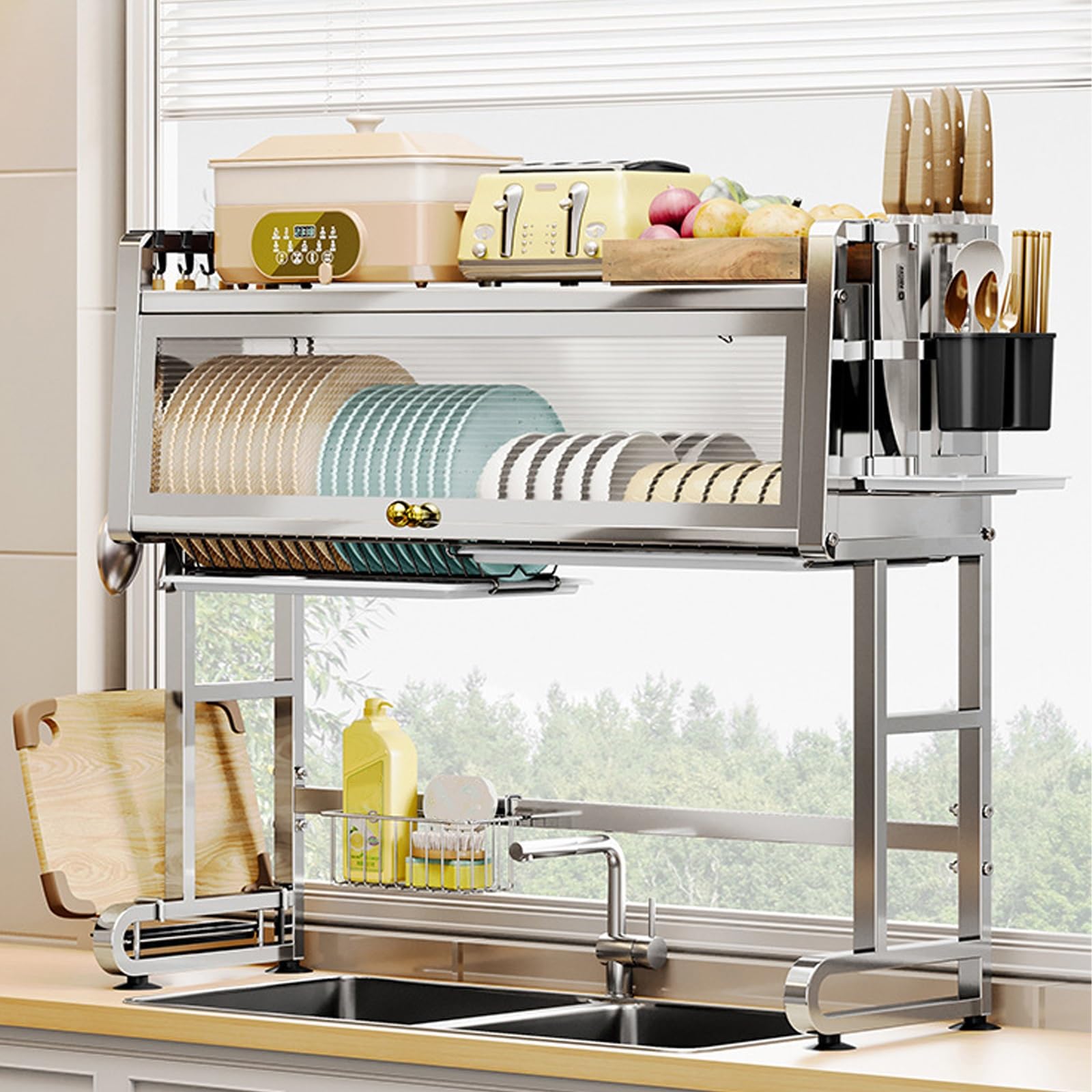 Escurreplatos de acero inoxidable para fregadero, soporte multifuncional para utensilios de cocina y estante de secado que ahorra espacio para encimeras (30.3 x 27.2 pulgadas), duradero y resistente