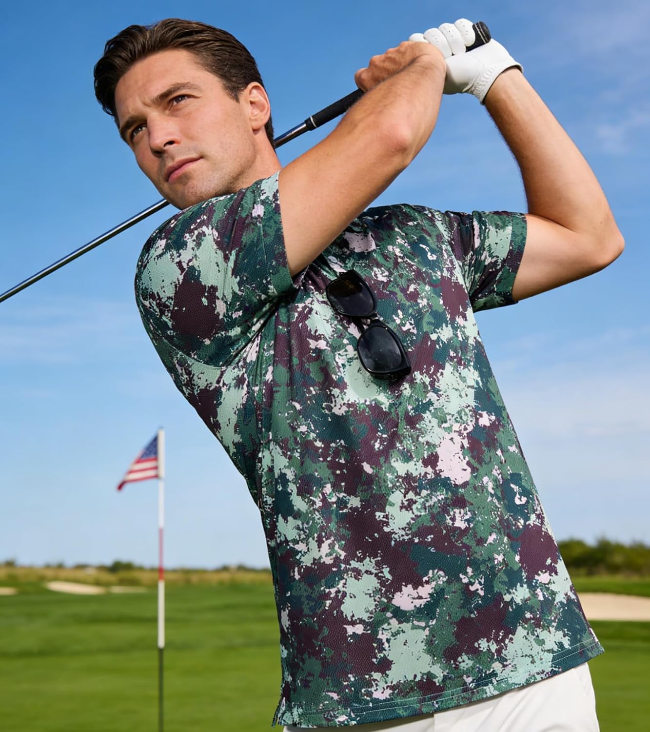 Cozople Men Golf Polo Short Sleeve 3D Print Moisture Wicking Tactical Collared Shirt with Arm Pocket