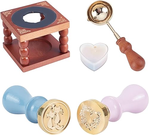 CRASPIRE Kit de sellado de cera, 2 piezas de sellos de cera para gatos y patrones de guirnalda de amor con horno de cera derretida, cuchara de