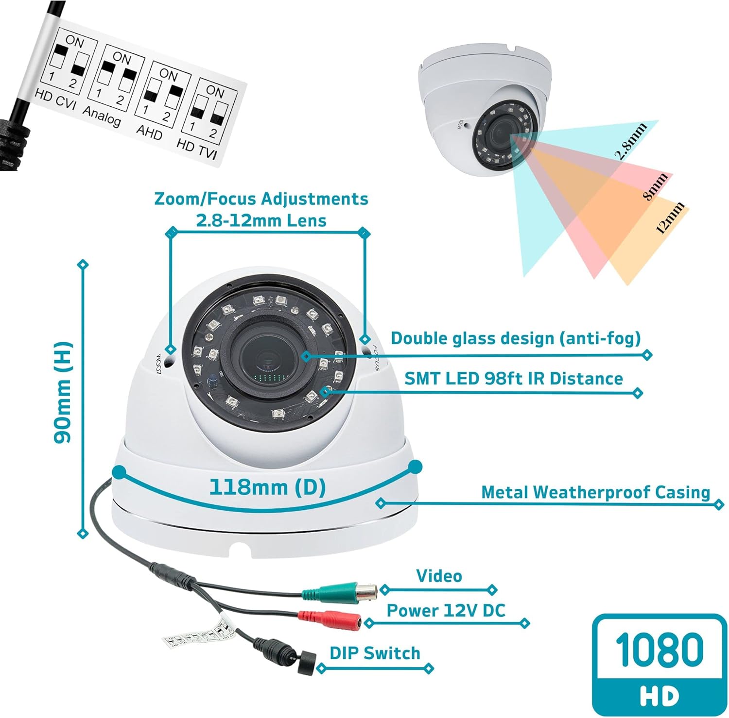 Evertech 8 Channel High-Definition Security Surveillance System 2TB Hard Drive 1080P Indoor Outdoor 2.8-12mm Varifocal Lens Dome Cameras