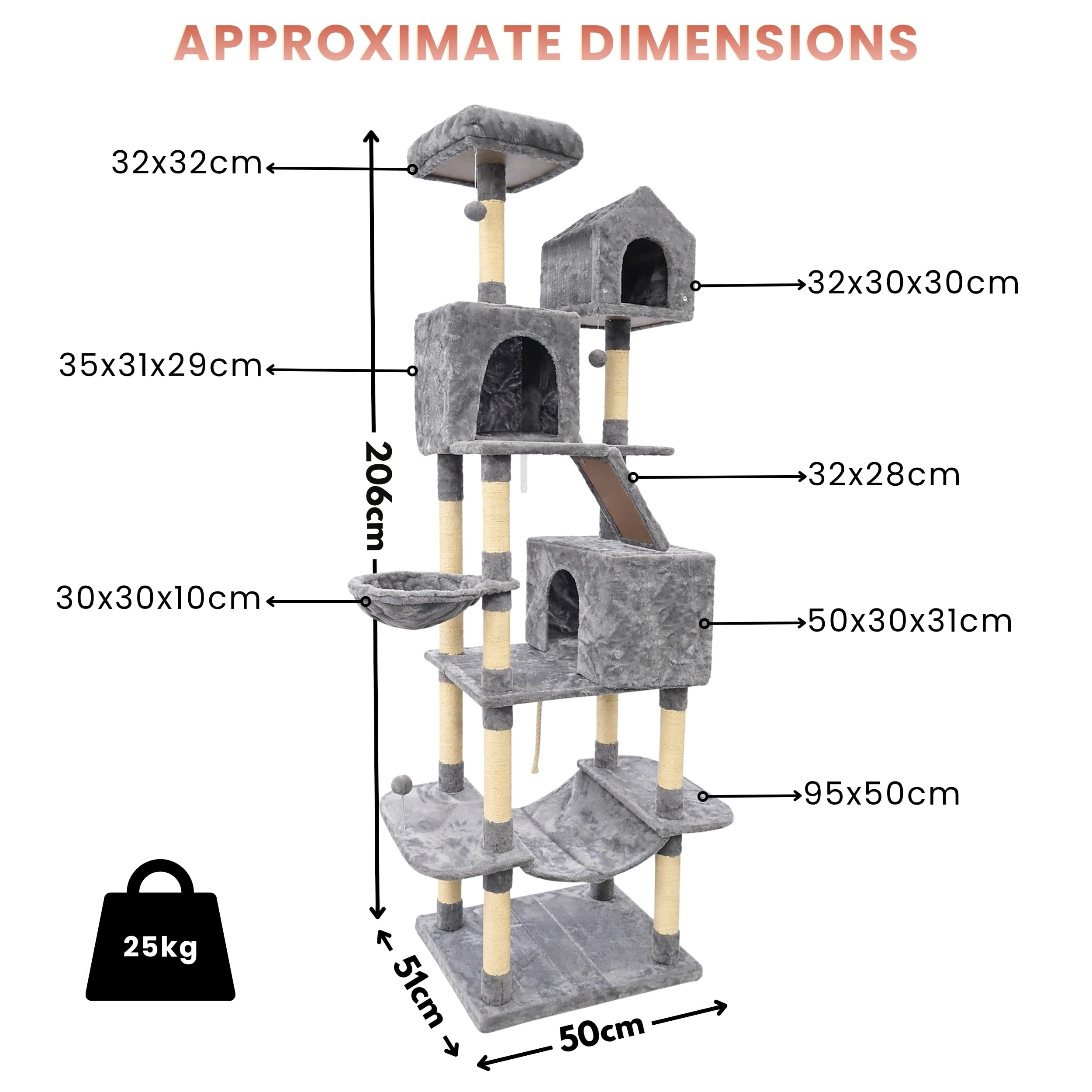 Garden Mile Torre de árbol de lujo extra alta de 2 m para gatos grandes, centro de actividades para gatos de varios niveles con 13 postes rascadores de sisal, rampa para rascar, 3 casas, hamacas