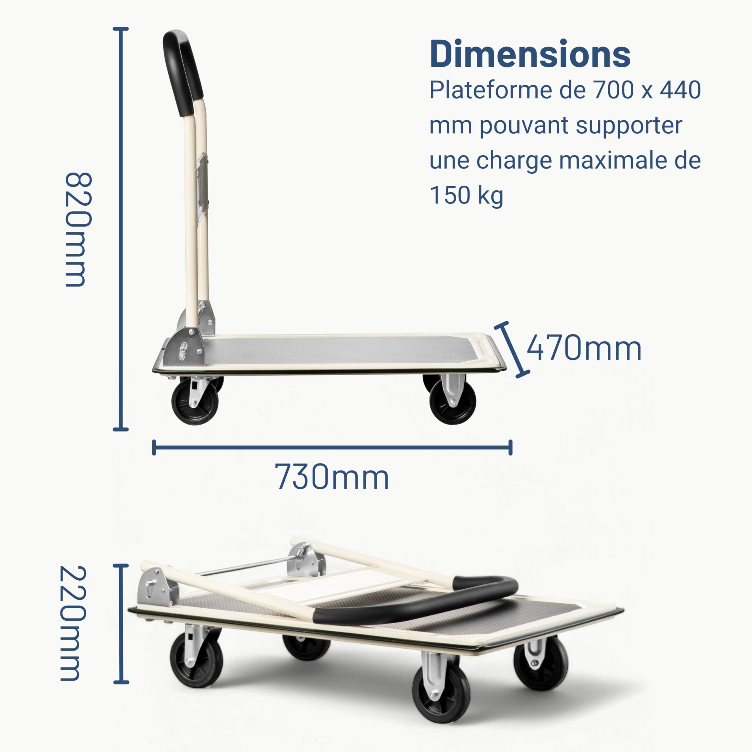 Pallit Chariot Pliable 150 kg Carry - Chariot de Transport en Acier | Plateforme antidérapante 700 x 440 mm, roues TPE pivotantes, chariot plateforme compact idéal pour déménagement et atelier