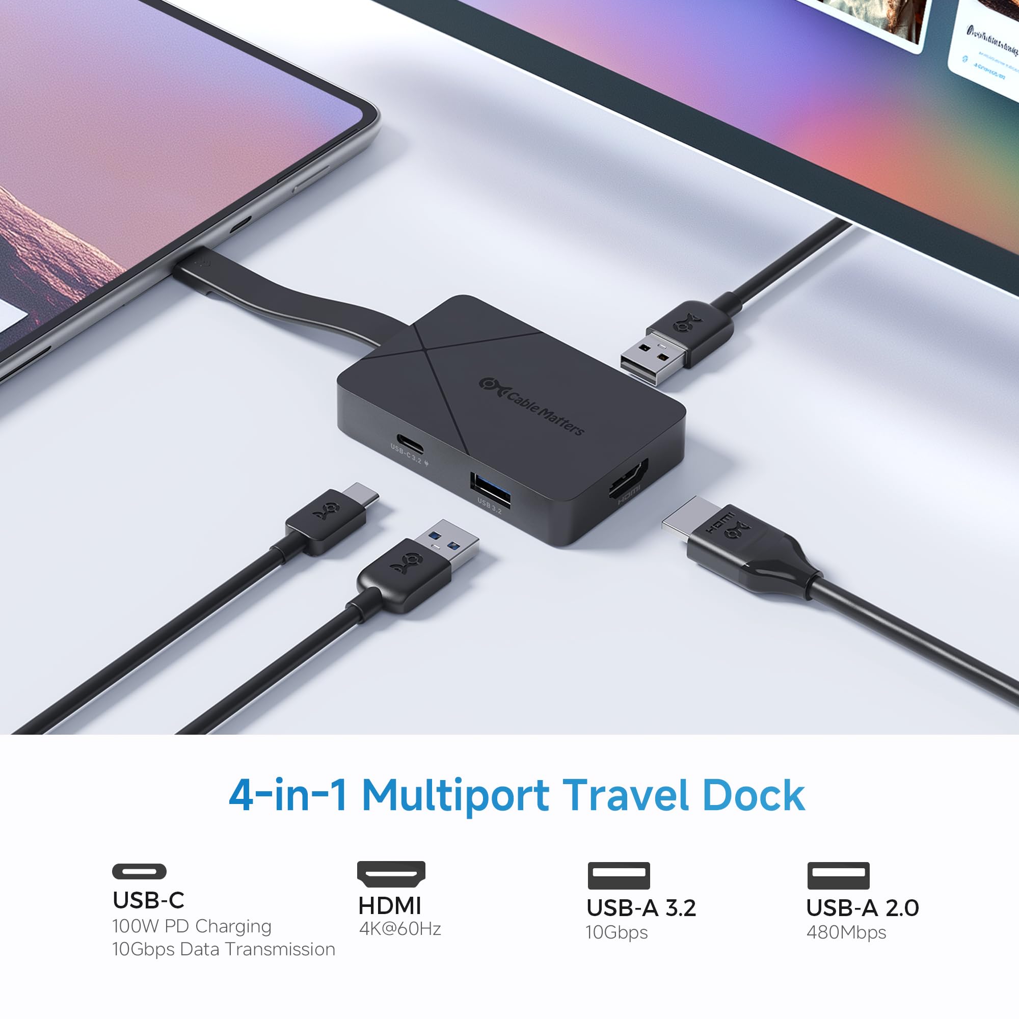 [Progettato per Microsoft Surface] Cable Matters 4 in 1 USB C Hub HDMI 4K a 60Hz 100W di ricarica, 10Gbps USB e USB-C, compatibile con Surface Pro, Surface Laptop, Surface Book con USB-C o Thunderbolt
