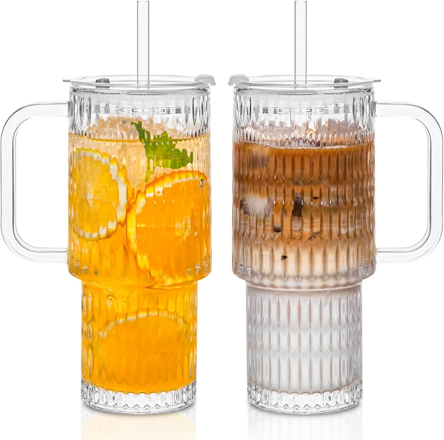 26oz Raindrop Glass Tumbler with Handle - Set of 2, Reusable Iced Coffee Cup, Glass Cup with Lid and Straw for Smoothies, Juice, Coffee, Tea, Milk & More