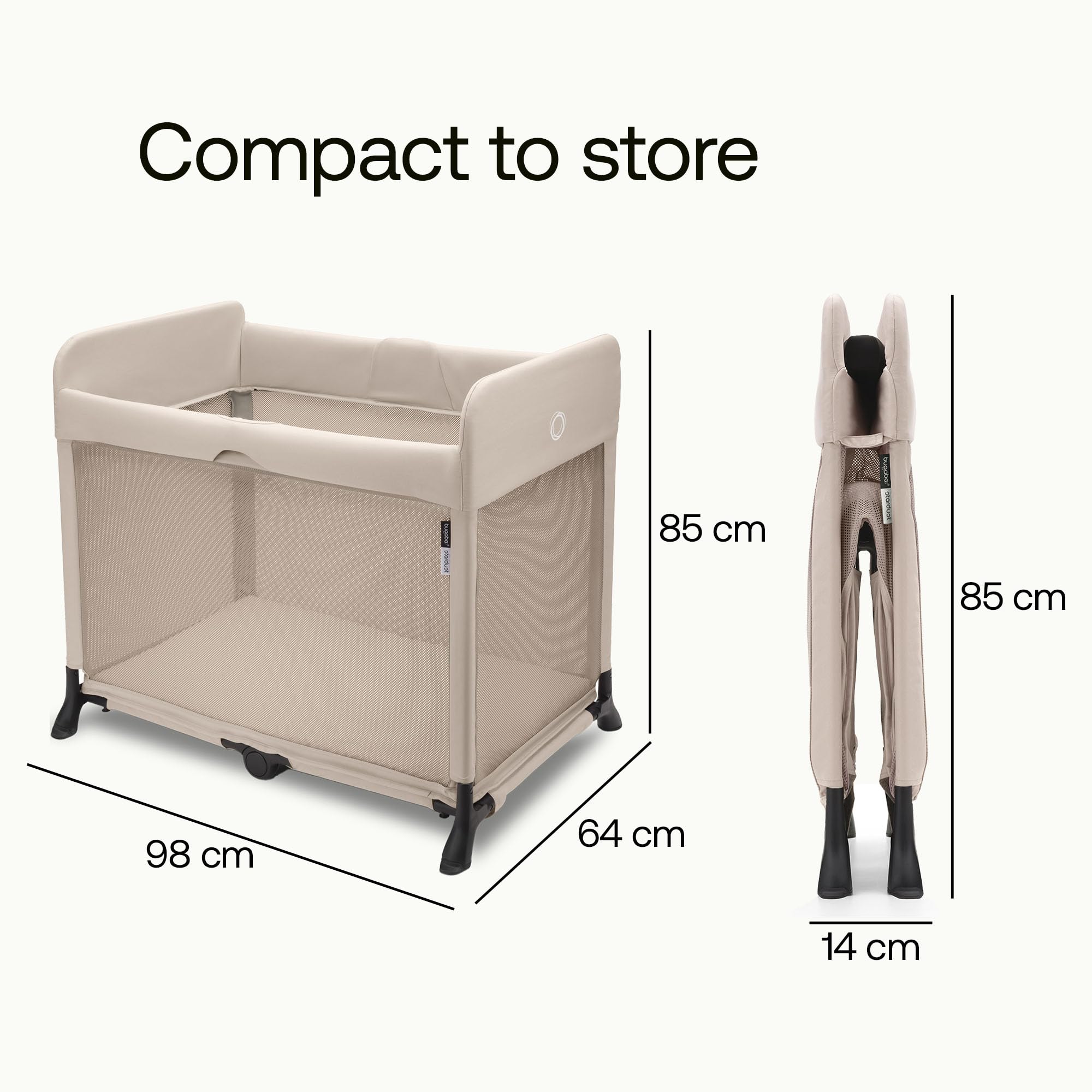 Bugaboo Stardust - All-in-one, Quick to Assemble, Black pop-up Travel cot and playpen for Babies and Toddlers with Mattress and Zip-in Bassinet, Desert Taupe