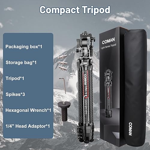 Miniatura 7 de COMAN Trípode de viaje para video, soporte de trípode ligero de fibra de carbono de 61 pulgadas, con cabezal fluido de amortiguación de 360,