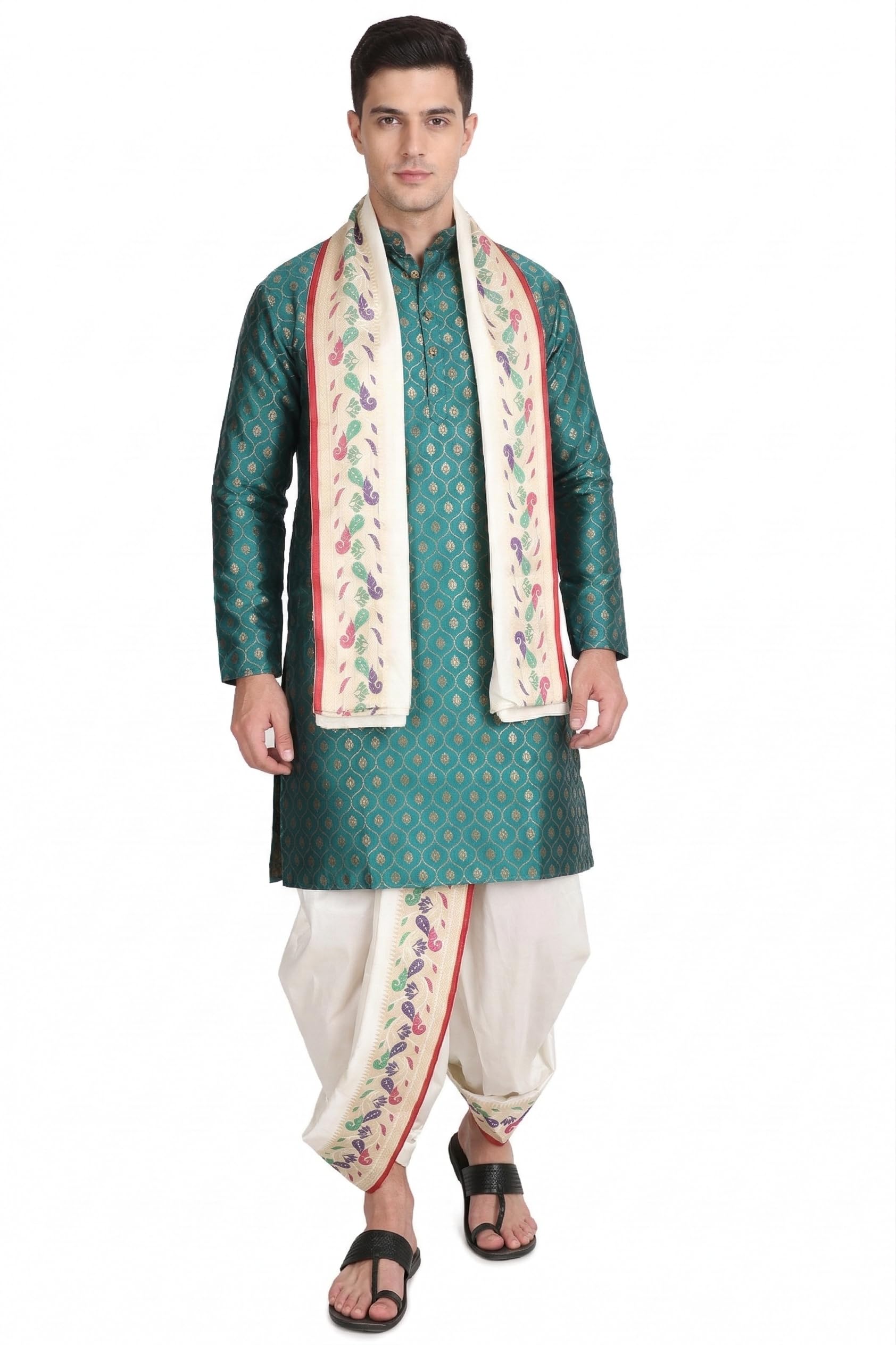 Men's Dhoti Kurta Stole Set for Wedding | Sherwani Style Ethnic Wear for Men | Indian Kurta Dhoti Set for Groom, Festival & Wedding Functions-image-3
