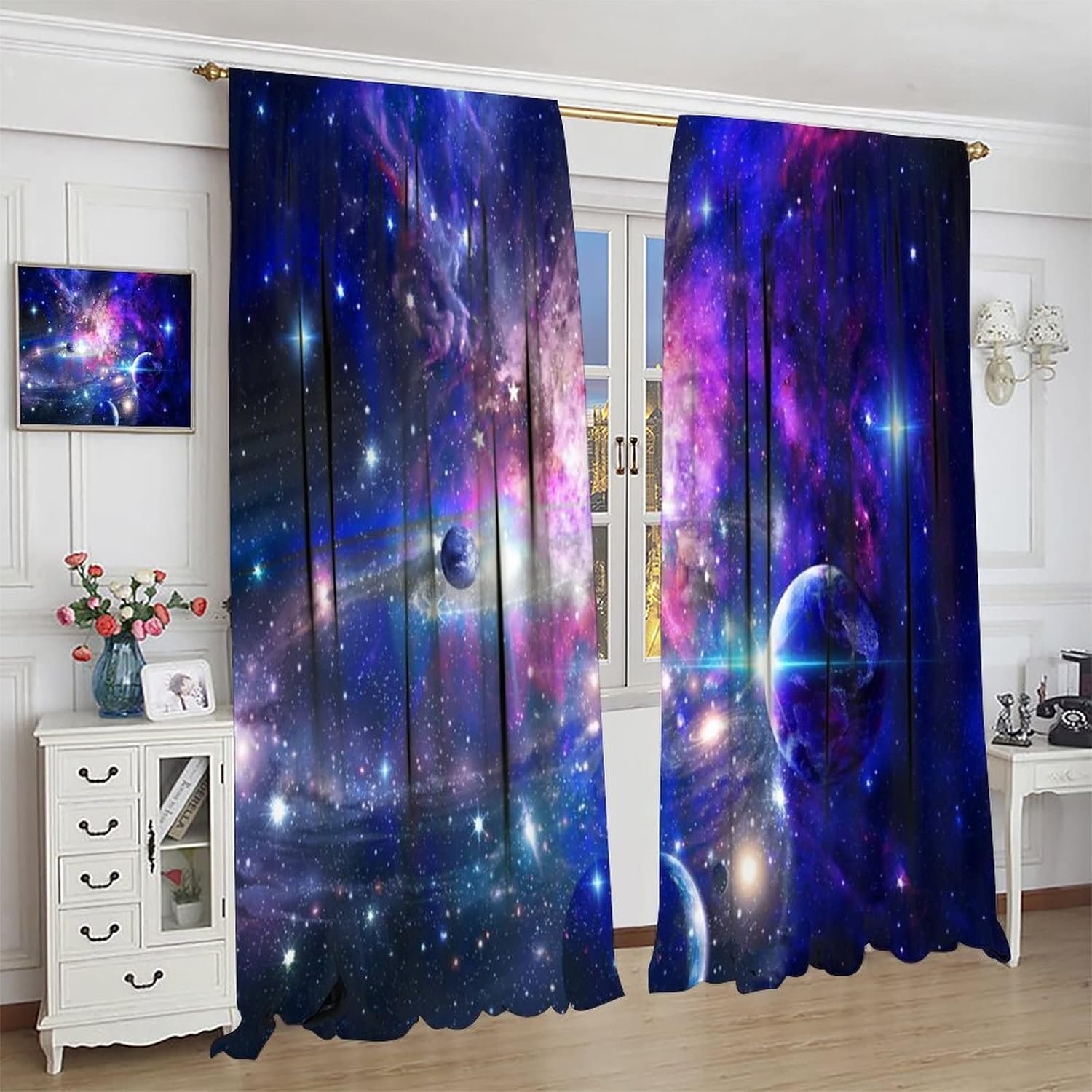 Galaxy Planet Blackout Curtains for Kids Boys Girls Child Bedroom,Outer Space Starry Sky Large Blue Planets Print,Dark Cosmic Background Universe Bright Stars Window Drapes for Living Room 42x63in