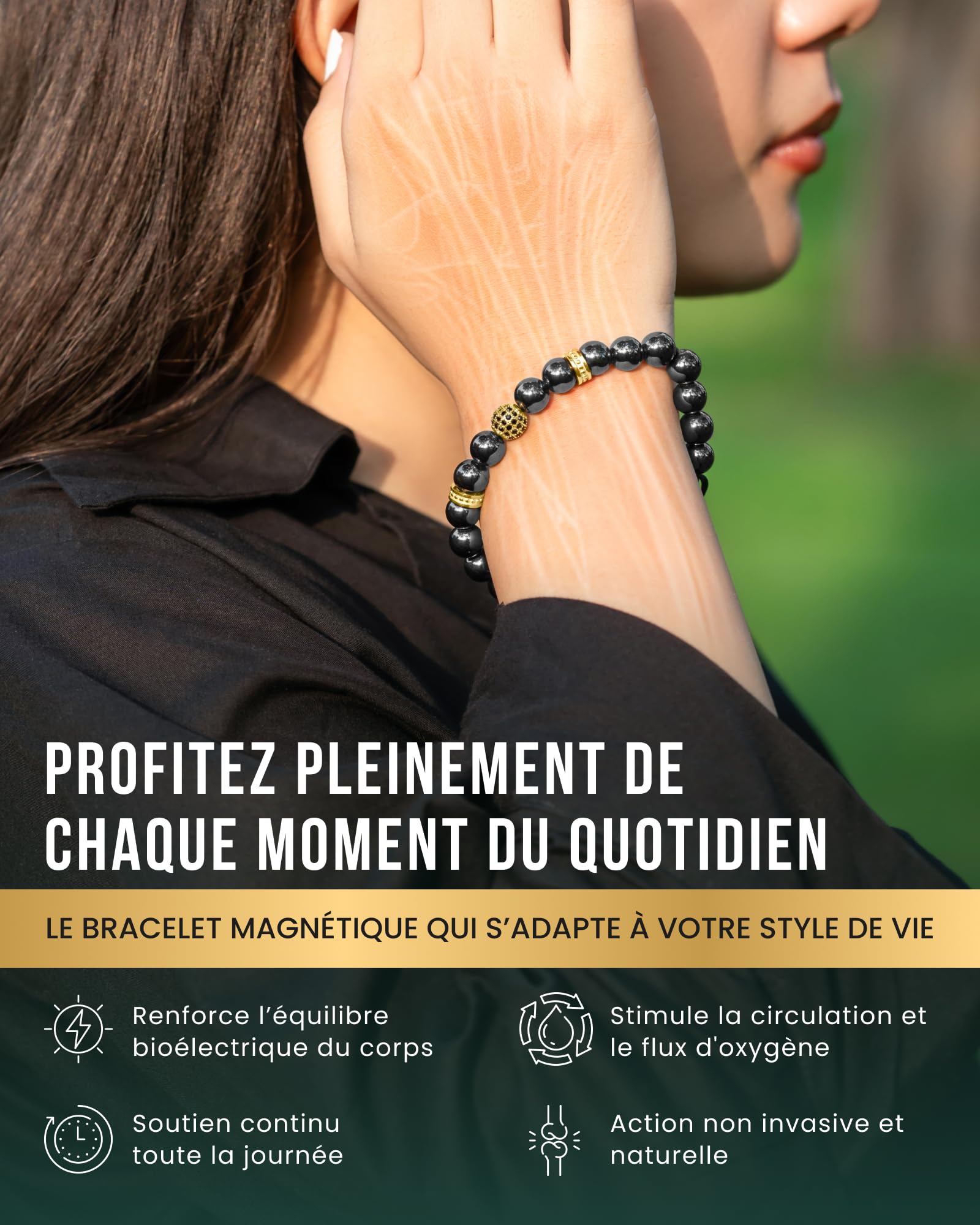 MagnetRX® Bracelet En Hématite Perlé Unisexe - Bijou Aimanté En Pierres Naturelles Hematite 8mm Méditation - Longueur Réglable (Perle Zeus dorée de 8 mm)