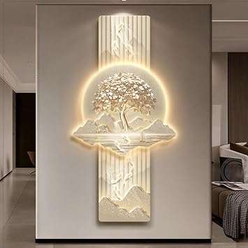 Large 3D Wall Art Decor ,Modern Wall Art, Handmade Wall Sculpture with Lighting Strip Oriental Decor, Living Room Hanging Mural,Traditional Chinese Welcoming Wall Hanging Painting Home DecorA,50*100C
