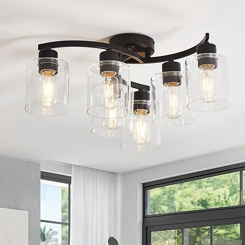 Ceiling Light Fixture, 6 Light Semi Flush Mount Ceiling Light, Black Kitchen Light Fixtures with Clear Glass Shades, Farmhouse Dining Room Light Fixtures Ceiling Mount for Bedroom