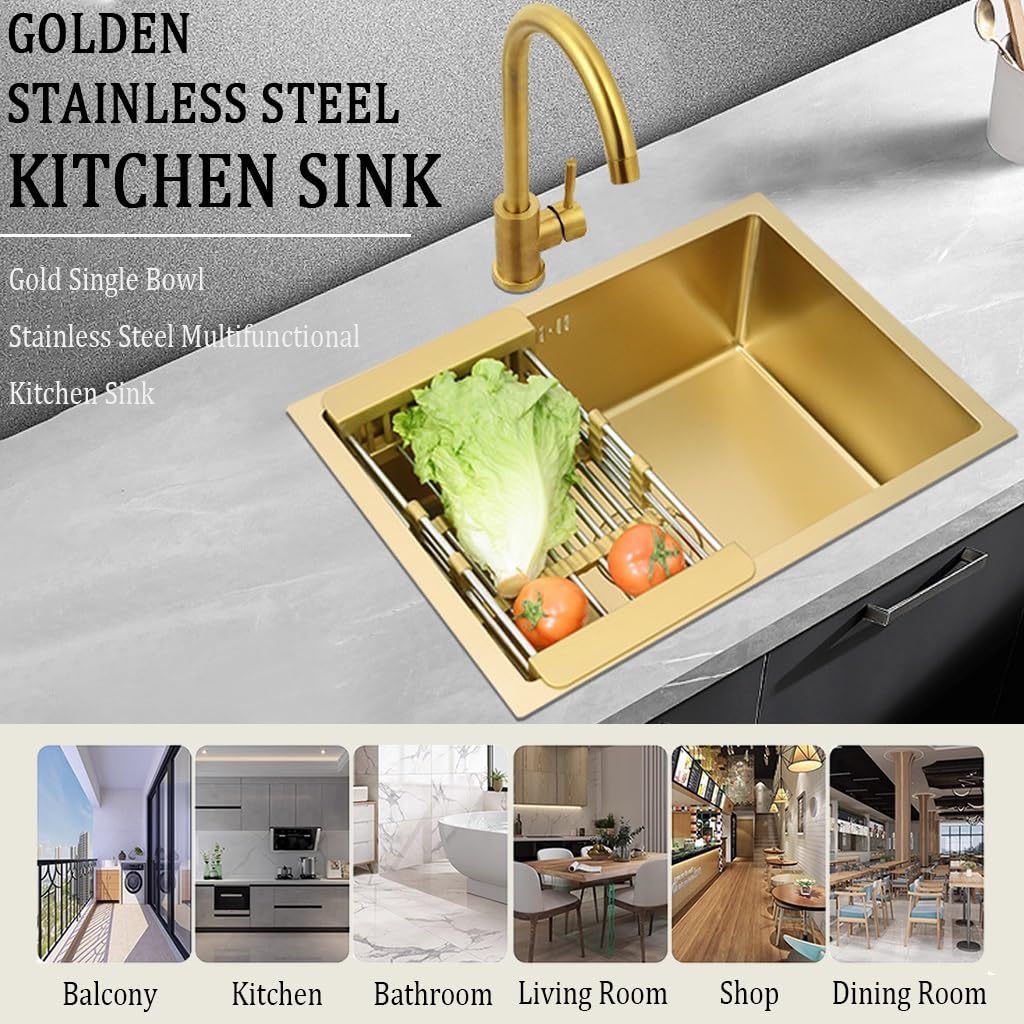 Gastro Waschbecken Edelstahl, Goldfarbene Barspüle, Unterbau-Barspüle, kleine Barspüle mit Einzelbecken, Wohnmobilspüle, Gold-Nano-Edelstahl mit goldenem Abfluss und Ablaufkomponenten (55 x 40 cm)