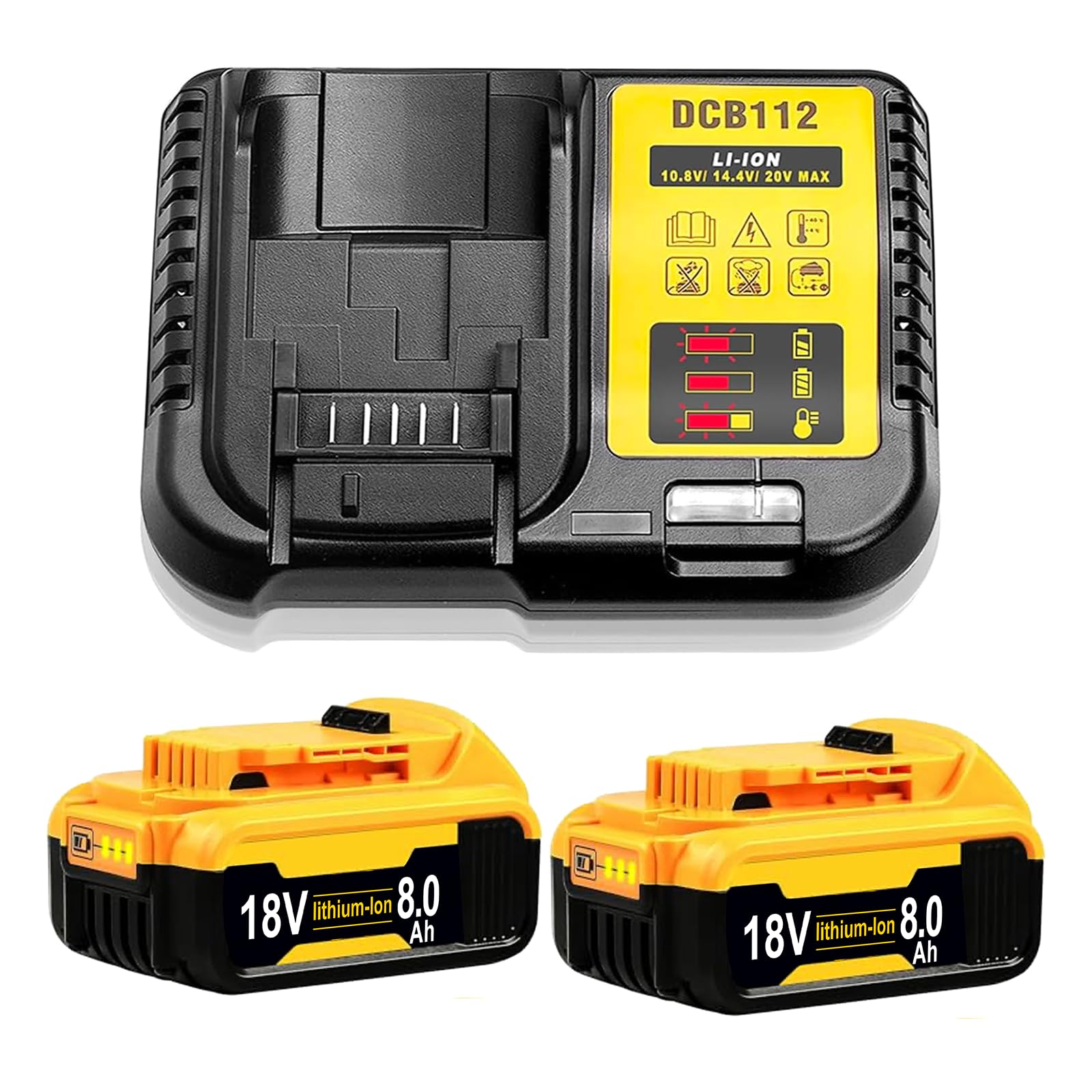 2 X 8000mAh/8.0Ah Batteries with 4A Charger Combo Replacement for Dewalt Battery Compatible with Dewalt Battery Lithium Ion 18v DCB184 DCB200 DCB180 DCB181 DCB182 DCB201 DCB200-2 with LED Indicator