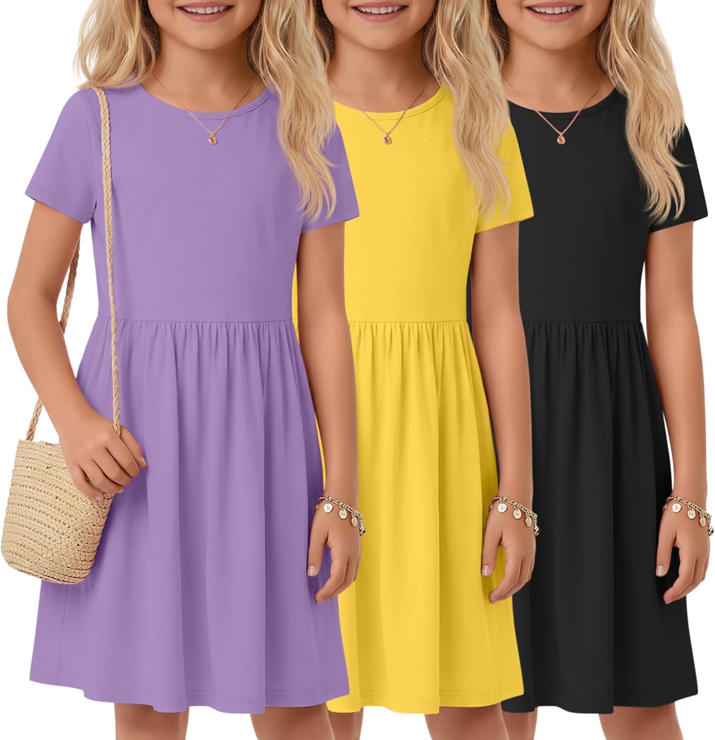 3 Pack Girls' Short Sleeve Dresses A Line Crew Neck Skater Twirl Dress Criss Cross Back Summer Basic Casual Dresses