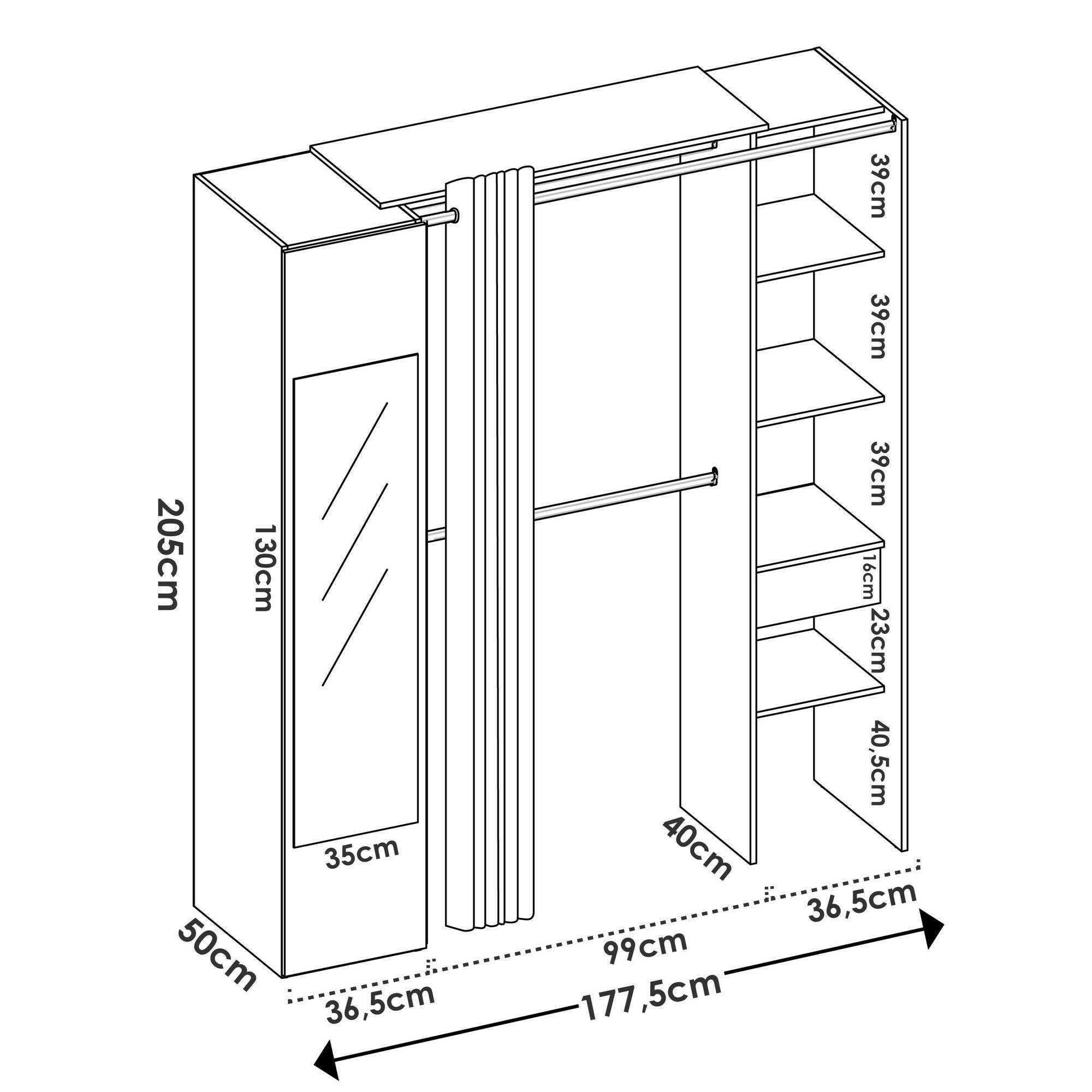 Dmora Guardaroba Grande Rigi 52x205h cm Bianco 8 Ripiani Appendiabiti, Armadio Camera da Letto un Cassetto