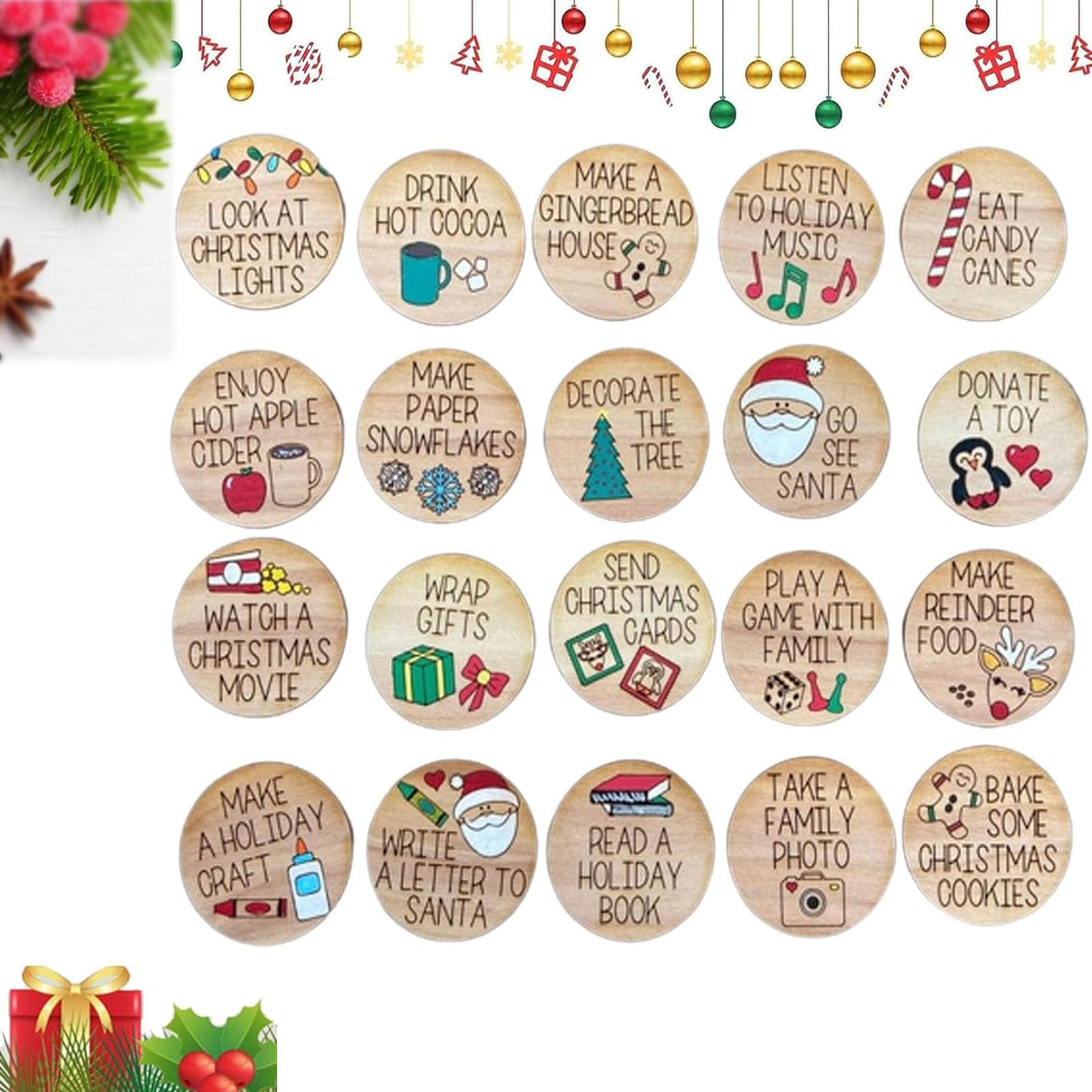 Fadaing Christmas Countdown Token Set, Christmas Advent Token, Countdown to Christmas with Coins, Wooden Christmas Advent Calendar Token (A) — image 1