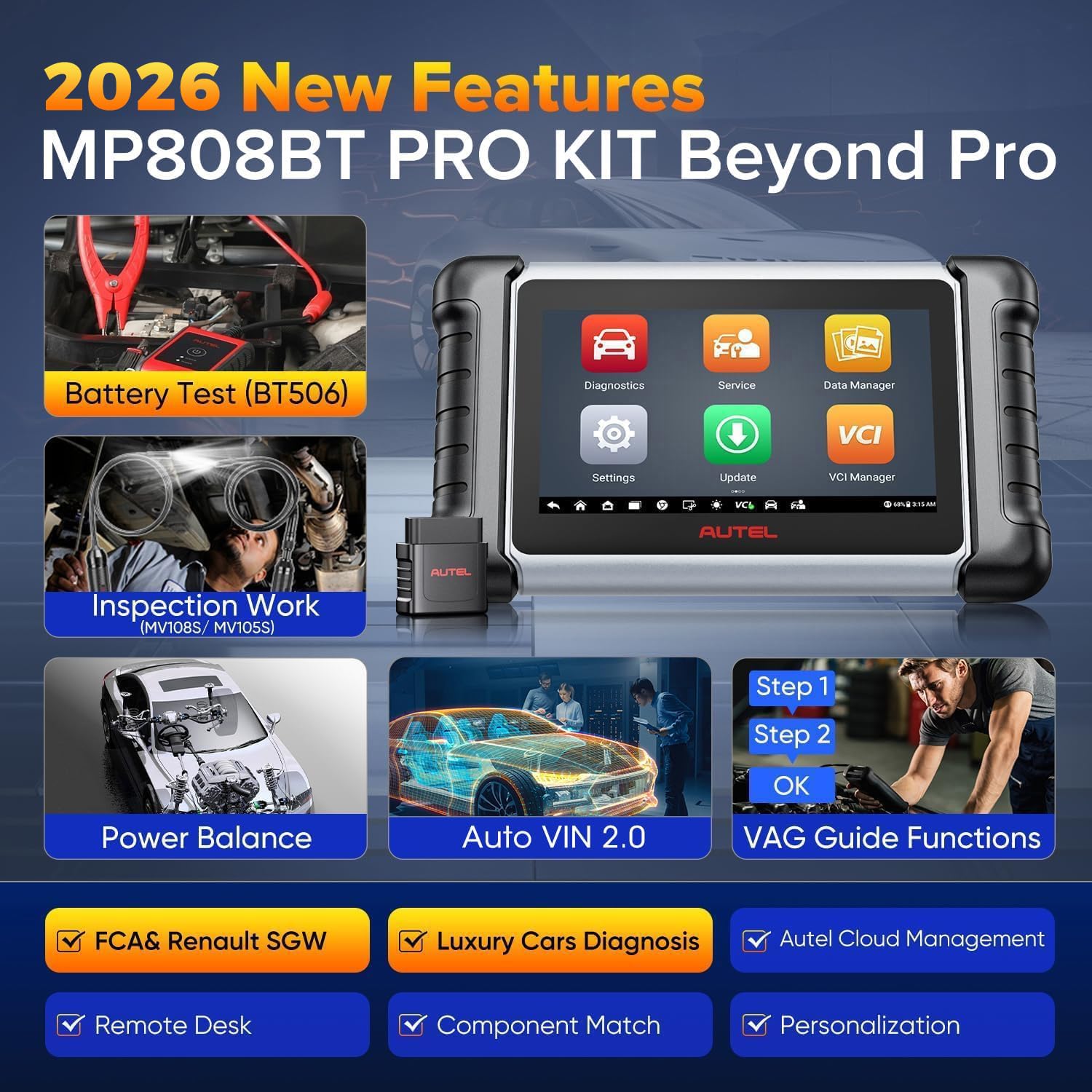 Autel MaxiPRO MP808BT Pro Kit Diagnosis, 2 Años de Actualizaciones [700 €] - Ver de MP900BT, Adaptadores 200 $, 2026 OS11 Codificación ECU Superior a MK900-BT/ MK900, 30+ Servicios, 3K+ Pruebas