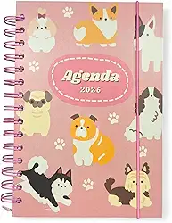 Agenda Diária 2026, 16 x 12 cm, Capa Dura, 168 Folhas, Espiral com Elástico, Planejamento Completo (Dog Pequenos)