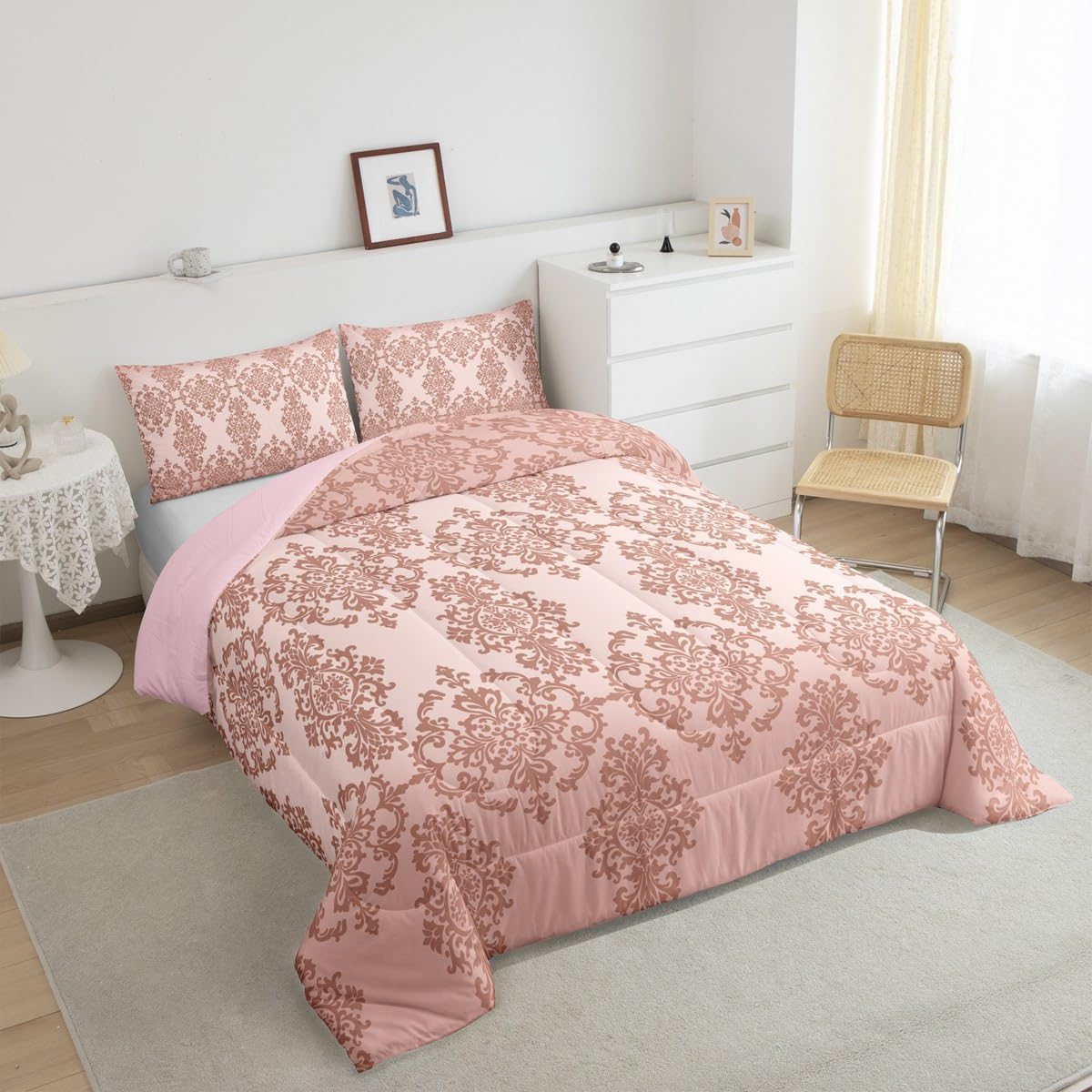 Feelyou Damask Floral Bedding Sets Victorian Comforter Set,Pink Damask Comforter Set Twin,Vintage Baroque Goth Bed Set Black Floral Comforter Set Bohemian Decor